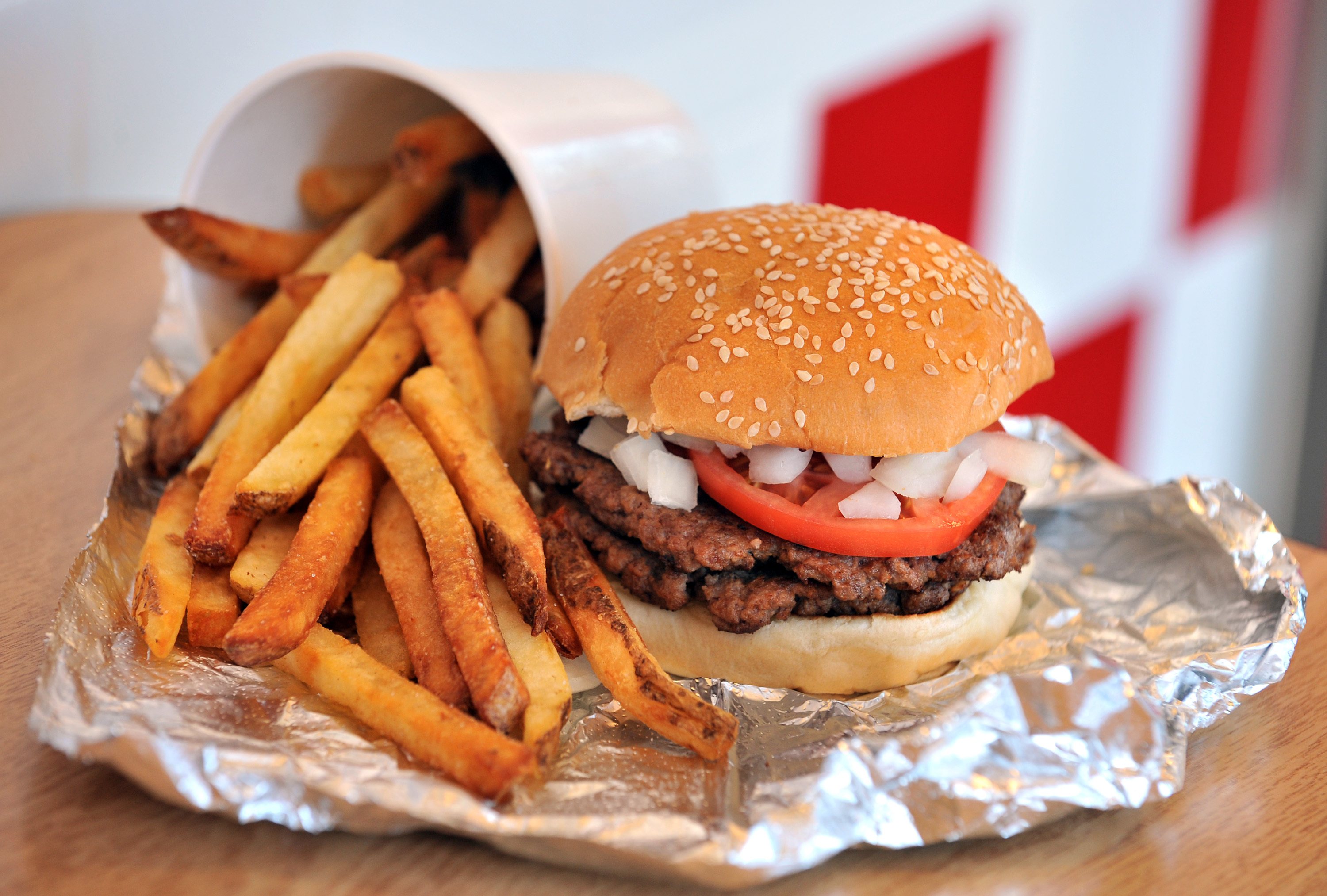 A burger and fries at Five Guys Burgers and Fries in East Walpole.