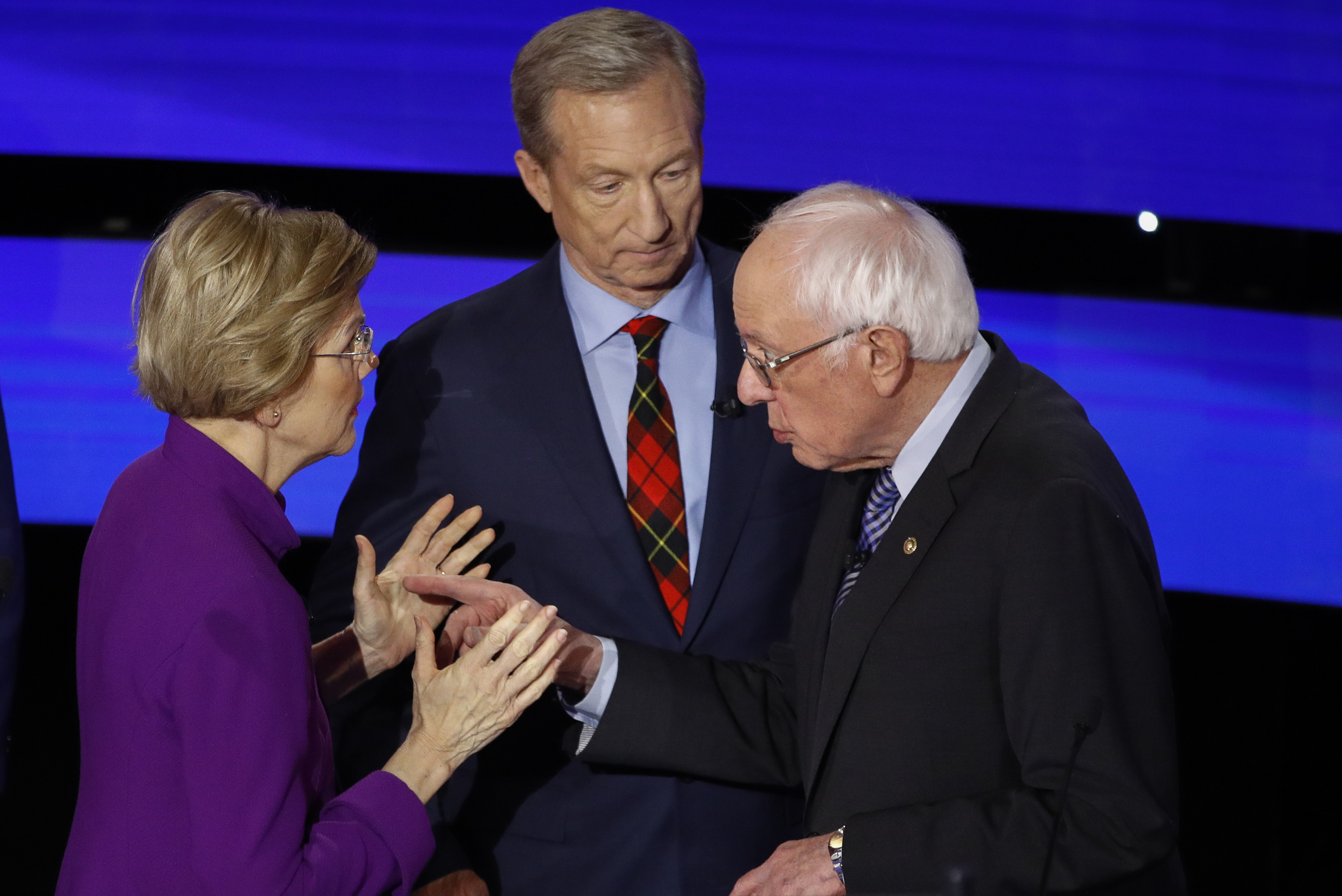 Senator Bernie Sanders pointed at Senator Elizabeth Warren during their post-debate exchange Tuesday.