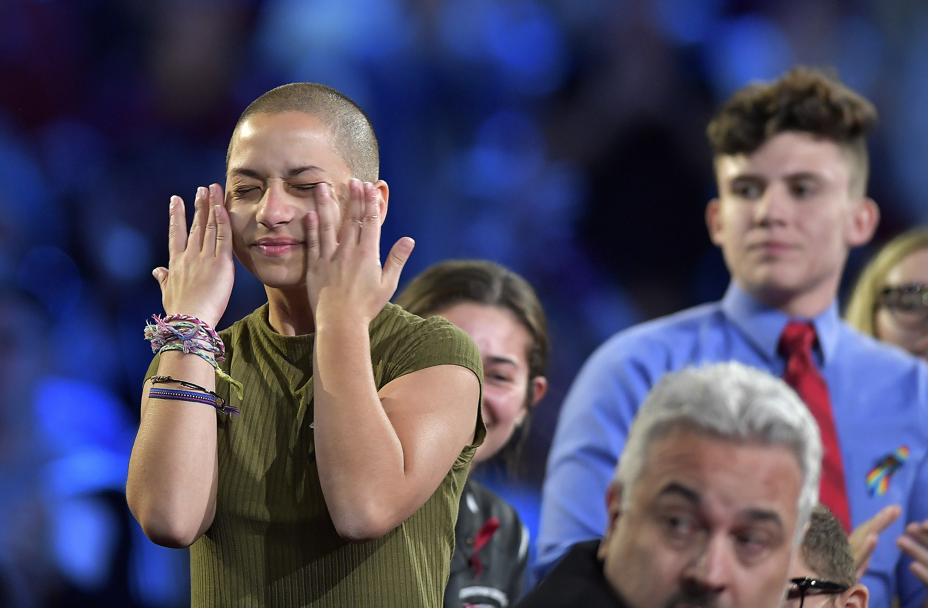 Marjory Stoneman Douglas High School student Emma Gonzalez wipes away tears during a CNN town hall meeting on Wednesday.