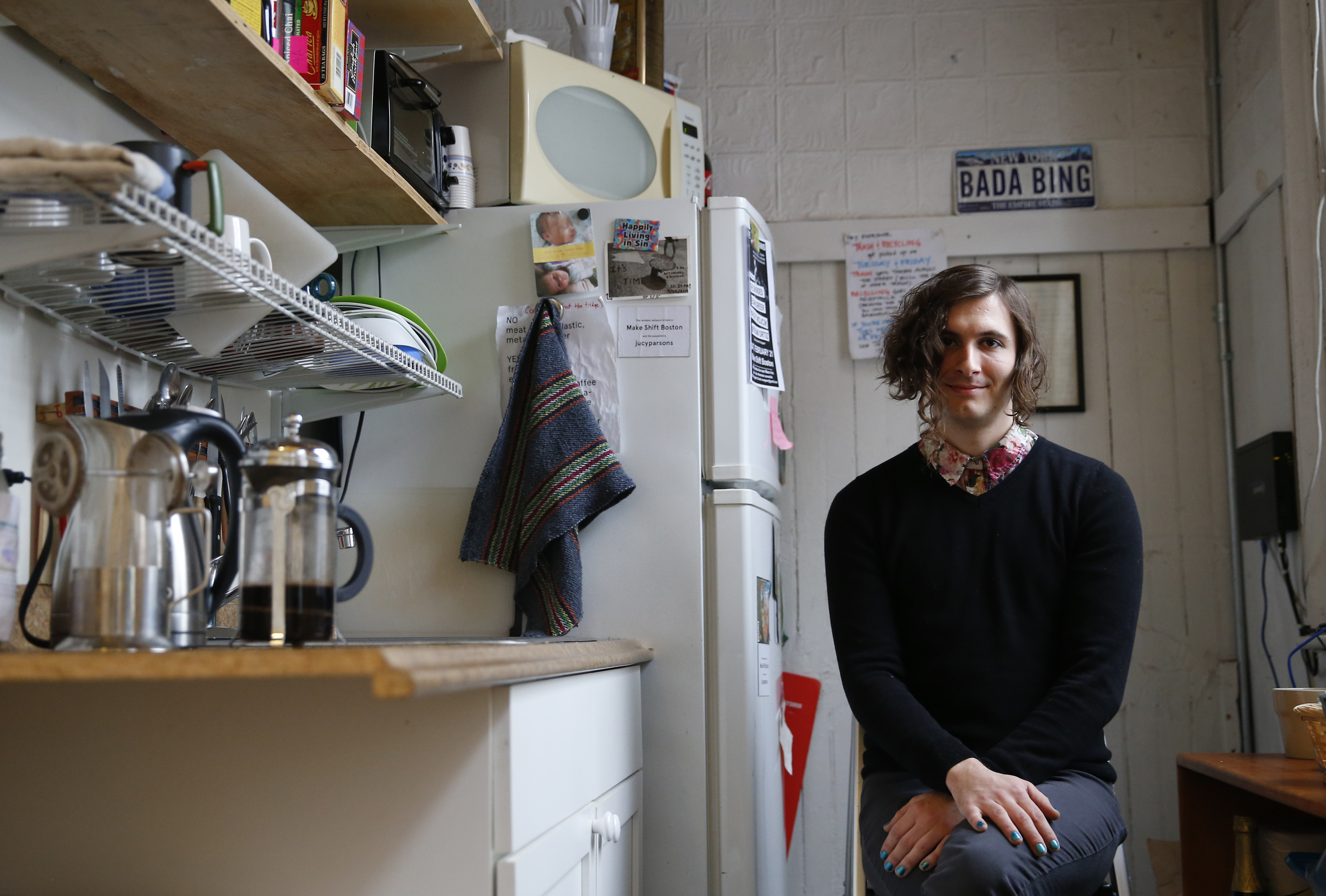 Transgender activist Evan Greer poses for a portrait in her workspace in Boston.