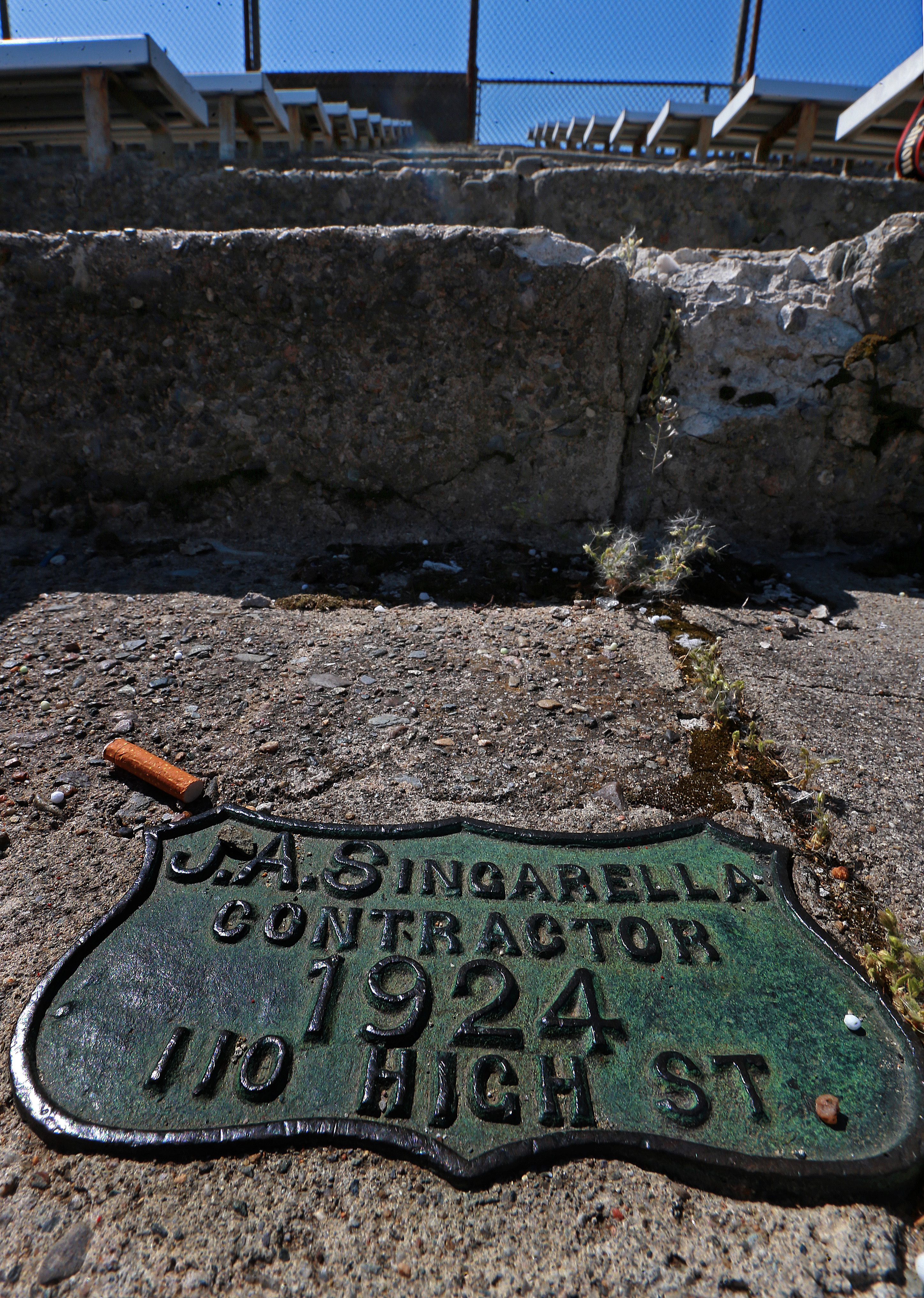 Stairs on the bleachers were crumbling, and a sign indicated they were built in 1924.