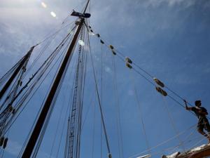 Deckhand Tripp Seaman worked on the Spirit of South Carolina docked in Salem Harbor.