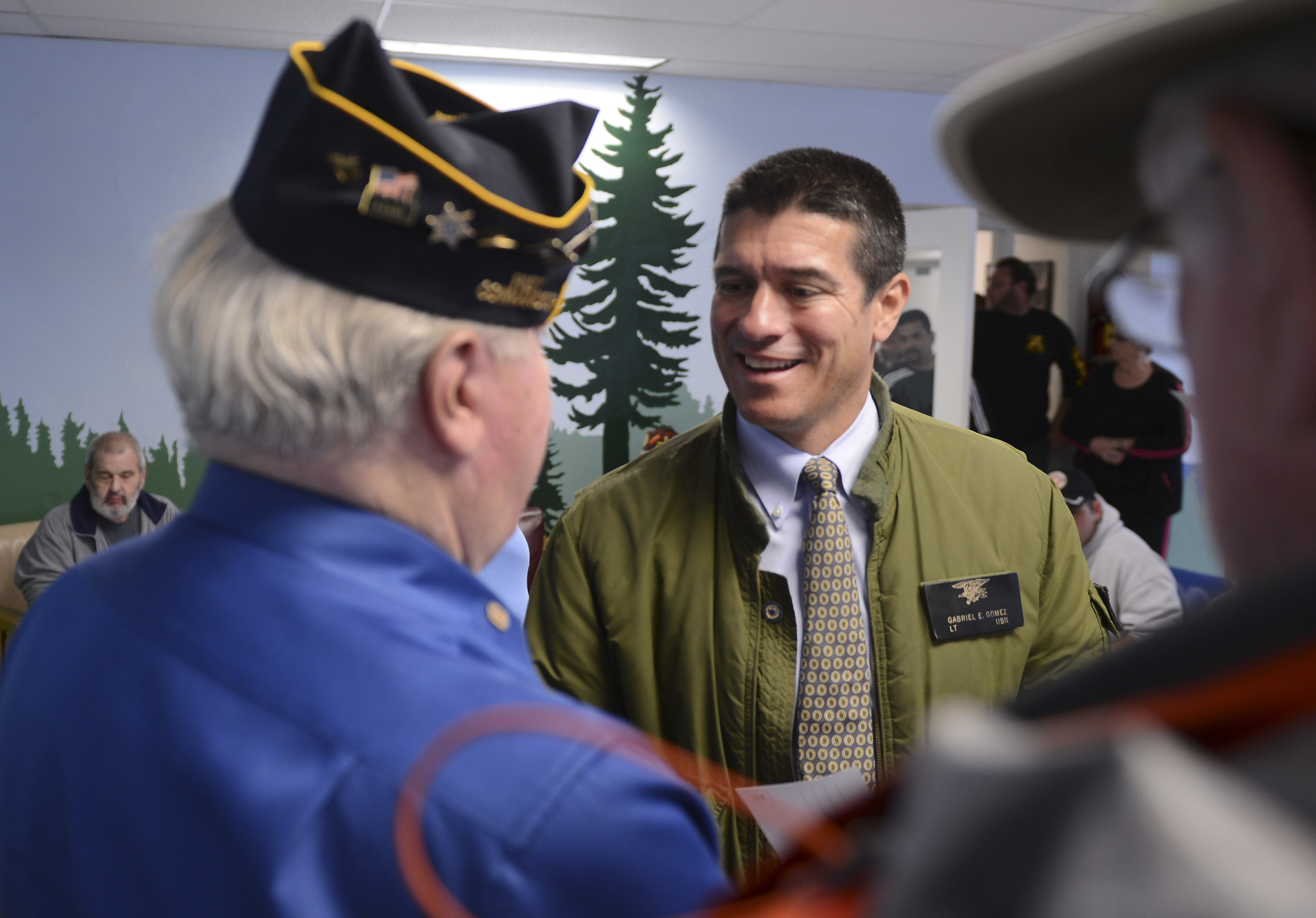 GOP Senate candidate Gabriel E. Gomez campaigned at the Soldier’s Home in Chelsea, where he ripped remarks on rape made by US Representative Trent Franks, a Republican.