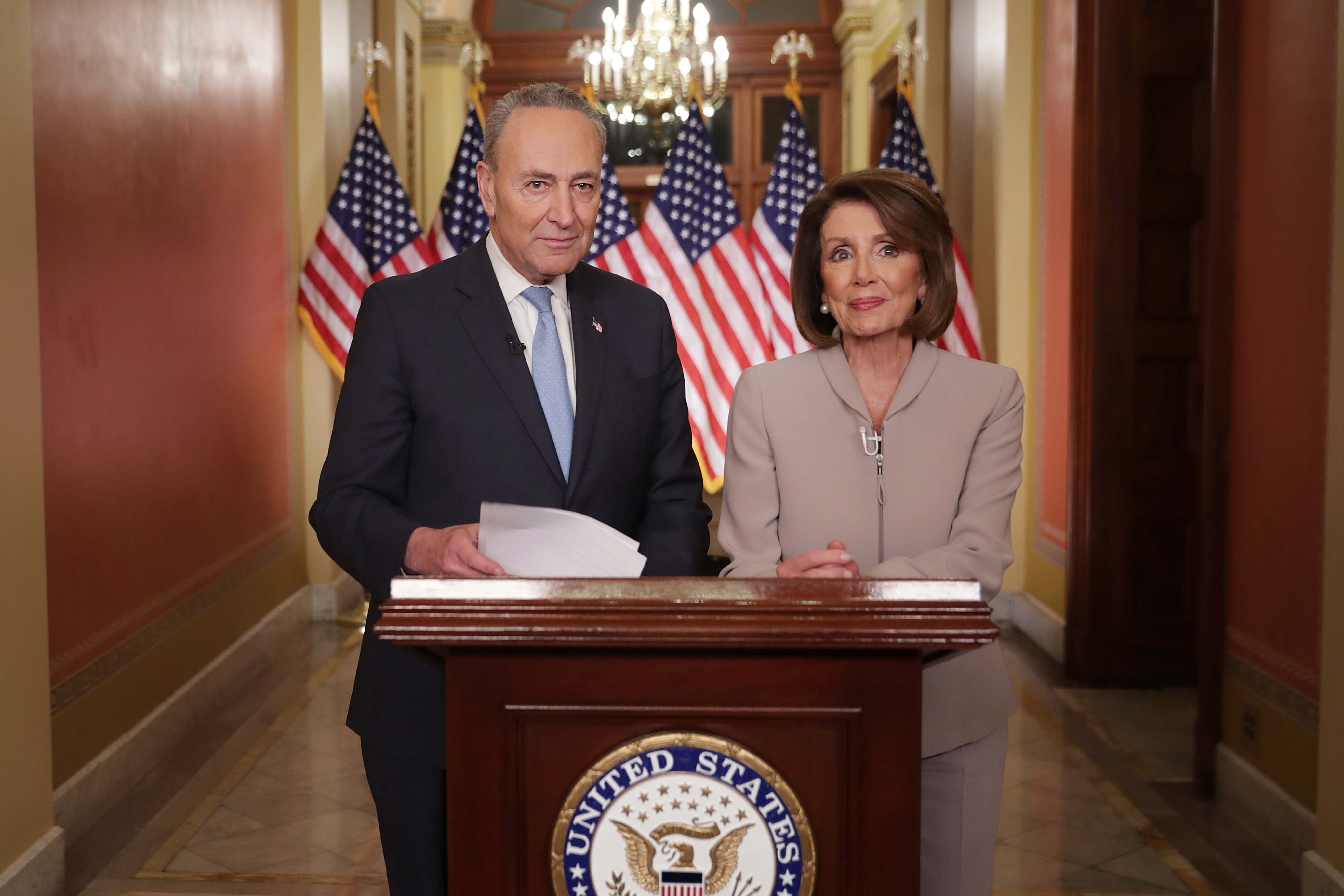 Senate Minority Leader Charles Schumer and Speaker of the House Nancy Pelosi spoke after President Trump.