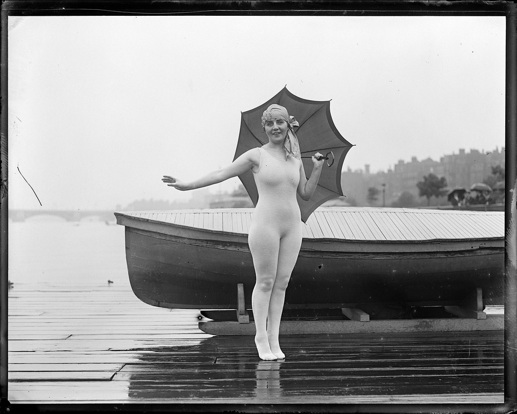 A bather beside the Charles River, sometime between 1917 and 1934.