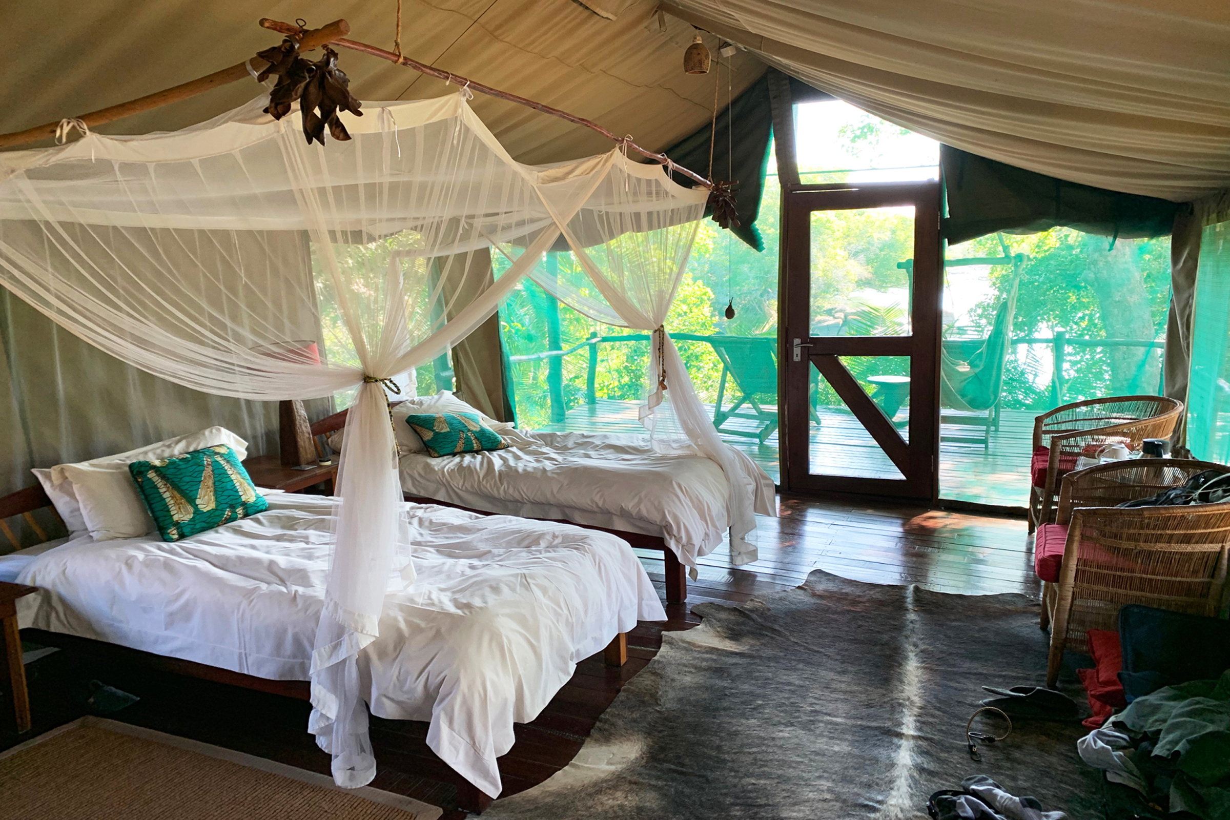 The interior of tented chalet at Kaingu Safari Lodge.
