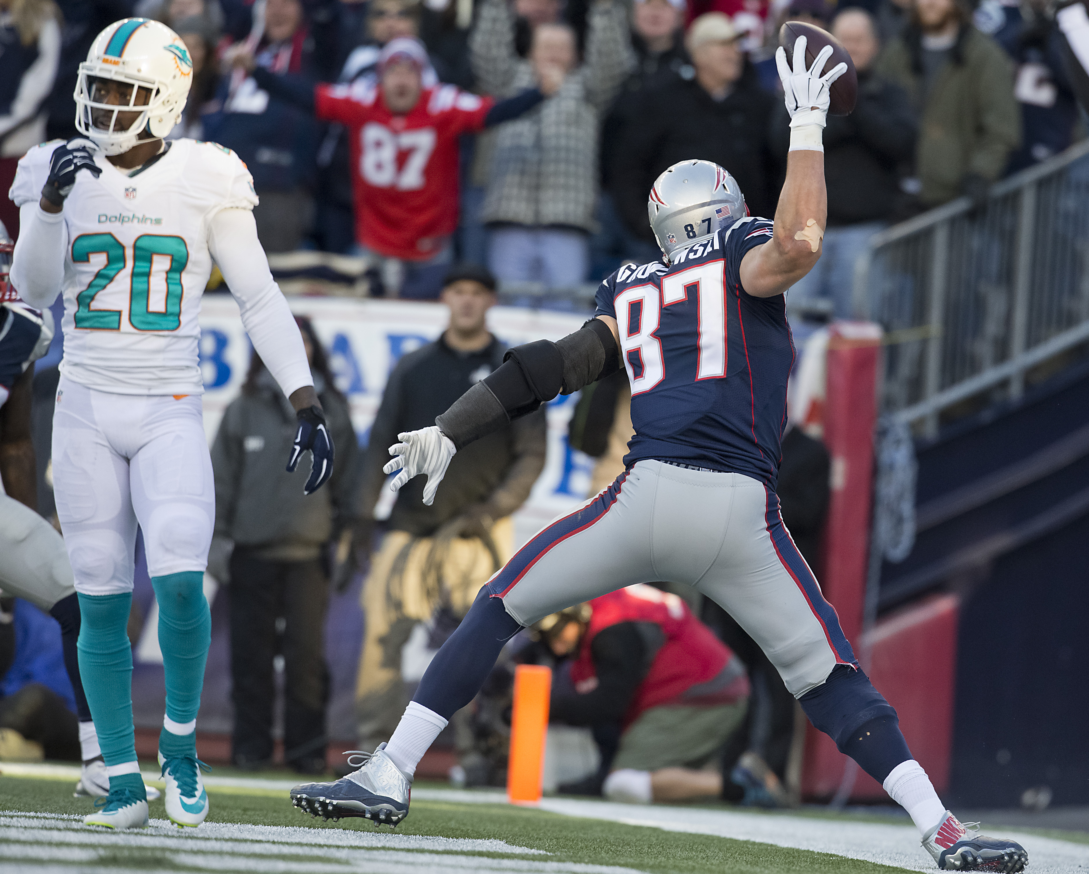 Rob Gronkowski performed one of his trademark spikes after scoring a touchdown against the Dolphins last month.