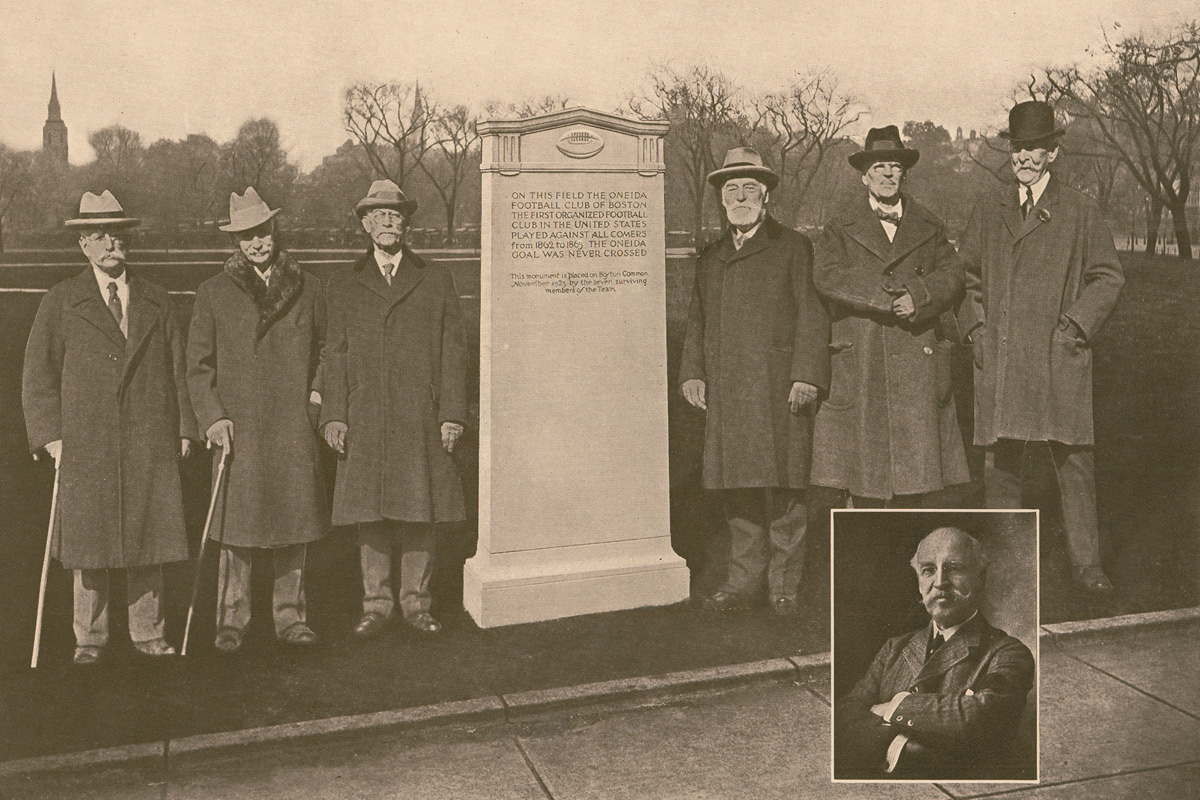 The surviving members of the Oneida team at the Nov. 21, 1925, dedication of the marker on Boston Common, where they played football (left to right): Winthrop Saltonstall Scudder, James D’Wolf Lovett, Gerrit Smith Miller, Francis Greenwood Peabody, Robert Means Lawrence, and Edward Lincoln Arnold. Inset is Edward Bowditch, who was in England at the time.