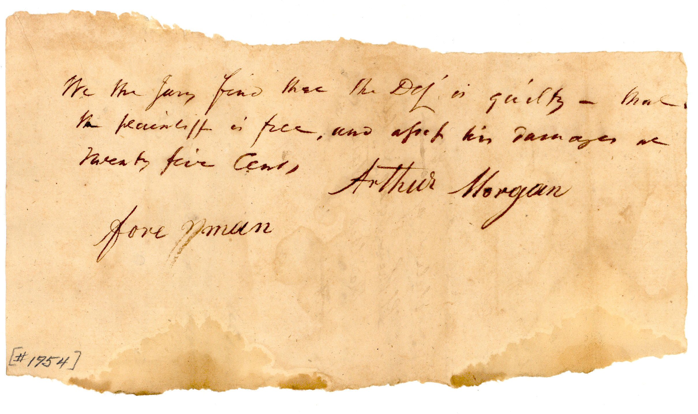 An original jury verdict freeing Lydia Titus from slavery, from the Illinois court archives.