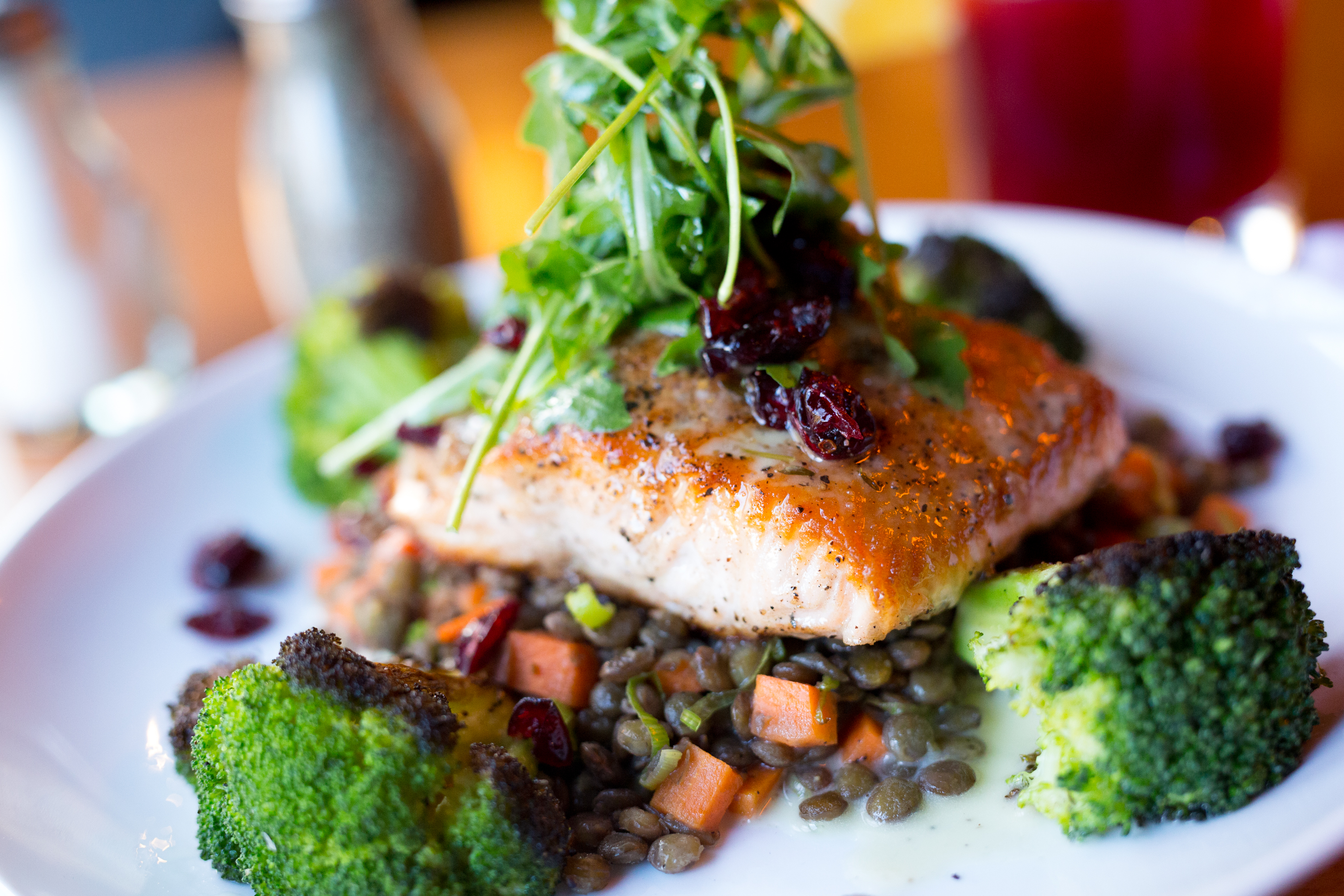 Pan-roasted salmon at Dorchester’s Lower Mills Tavern.
