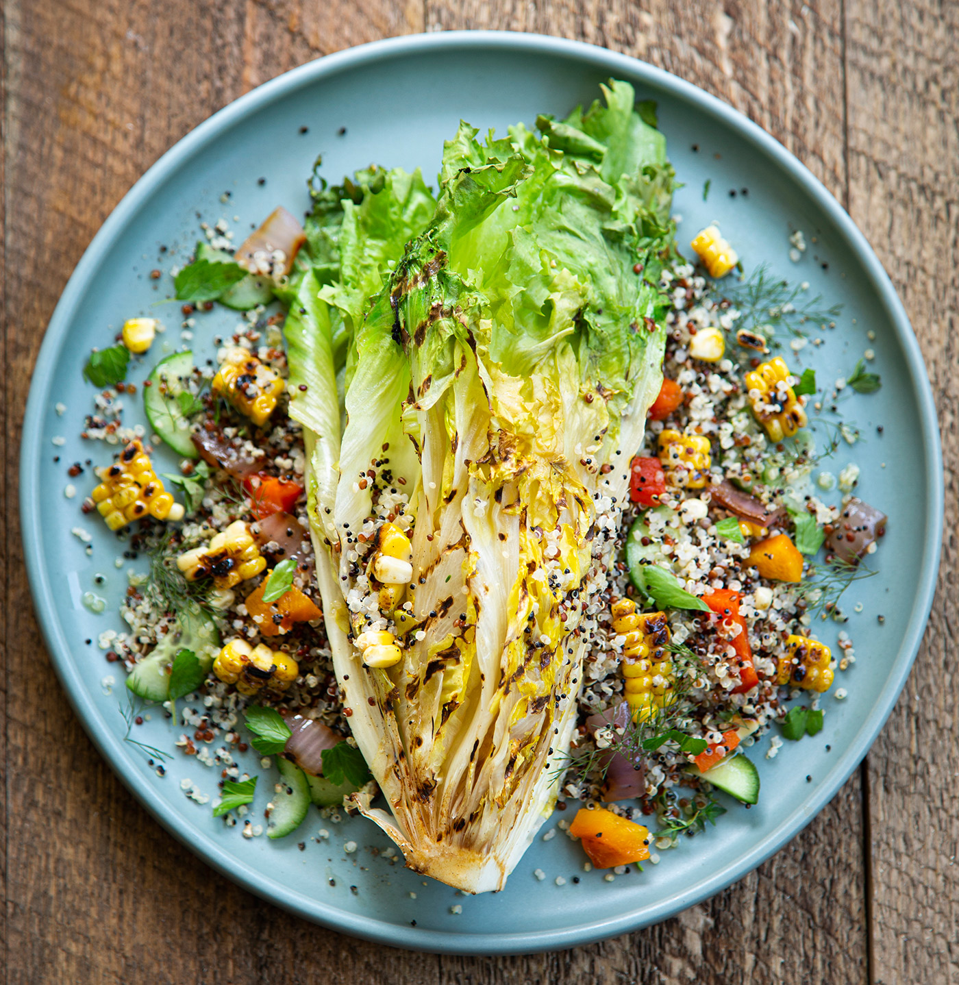 Grilled corn, escarole, and quinoa salad.