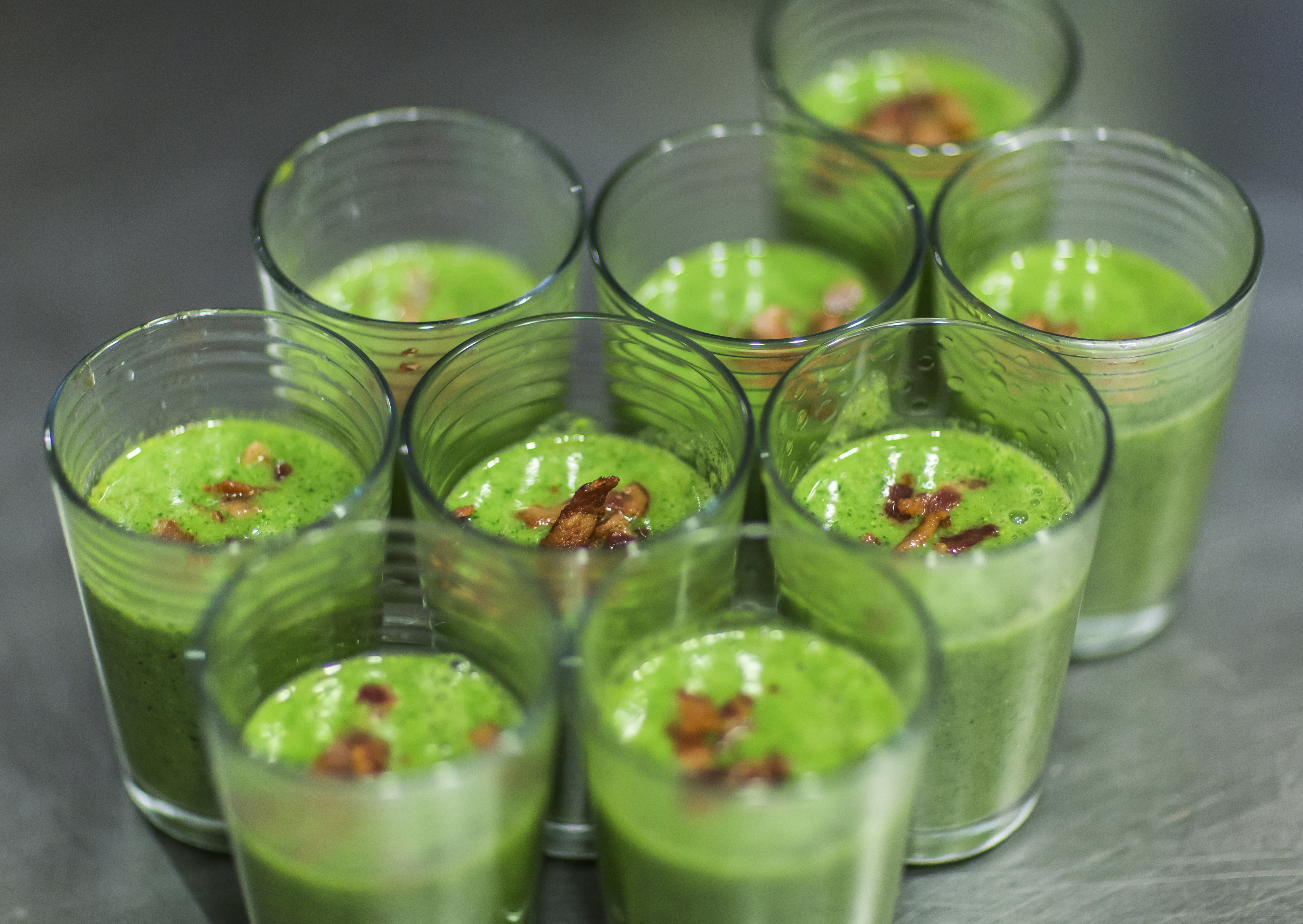Watercress soup with tomato and bacon at Hangar B Eatery.