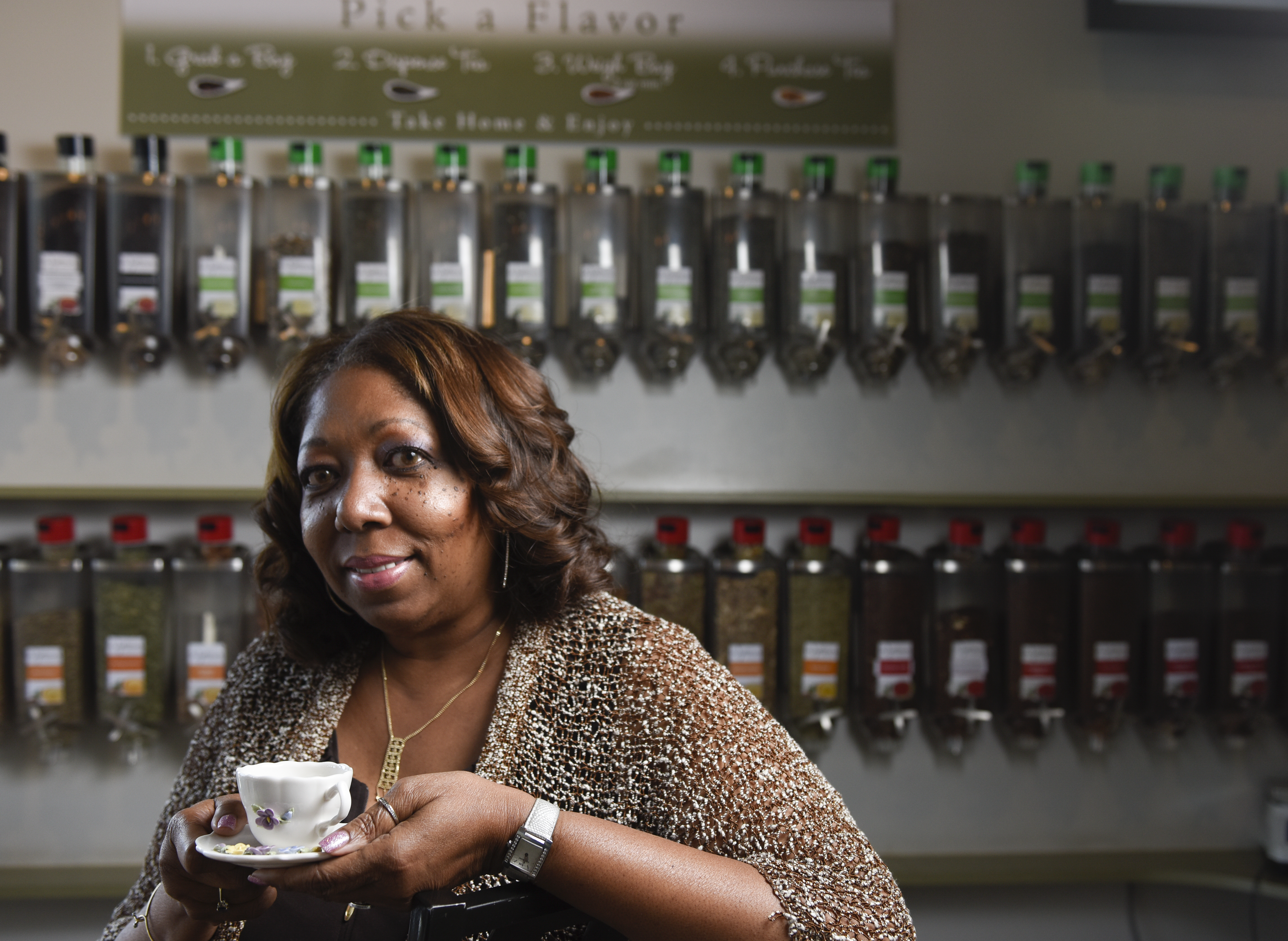Wy Livingston at her Wystone's World Teas shop in Lakewood, Colo.
