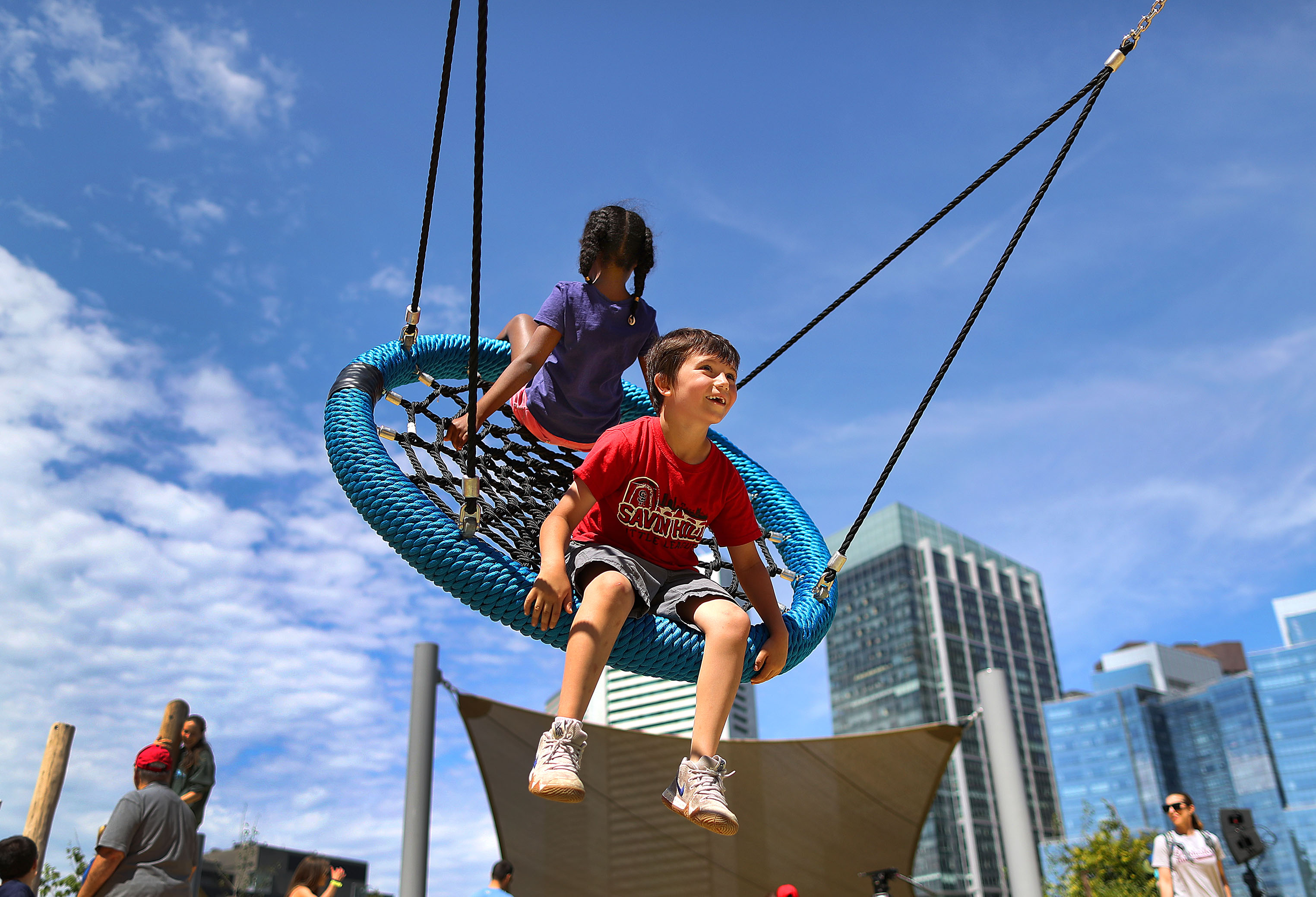 Jason Liarocco, 6, of Dorchester rode on a swing.