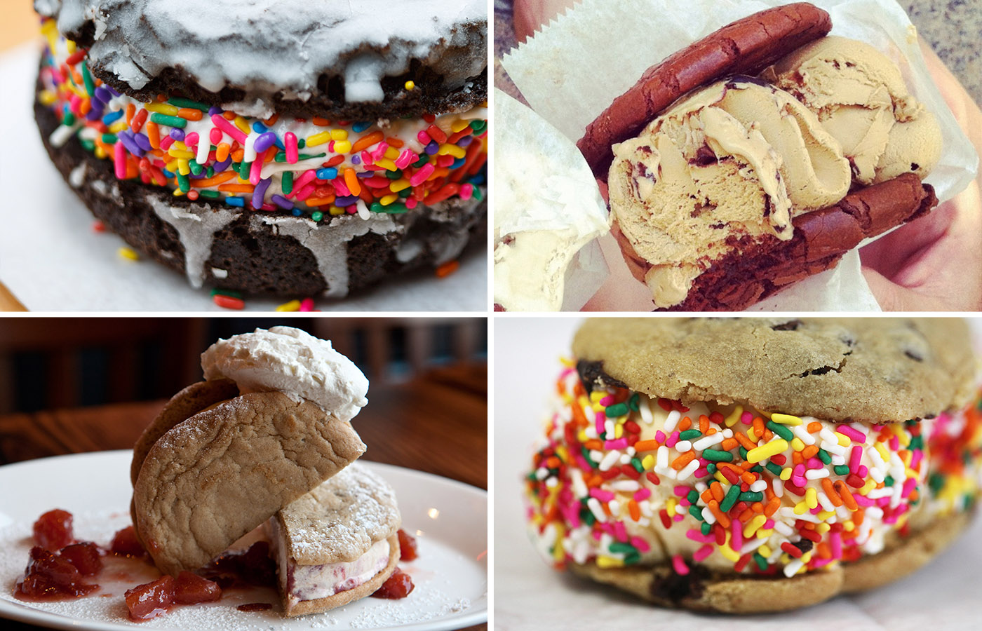From left to right, top to bottom: Blackbird Doughnuts' ice cream sandwich doughnut, Frozen Hoagies ice cream sandwich, Worden Hall's strawberry-rhubarb ice cream sandwich, and Molly Moo's ice cream sandwich.