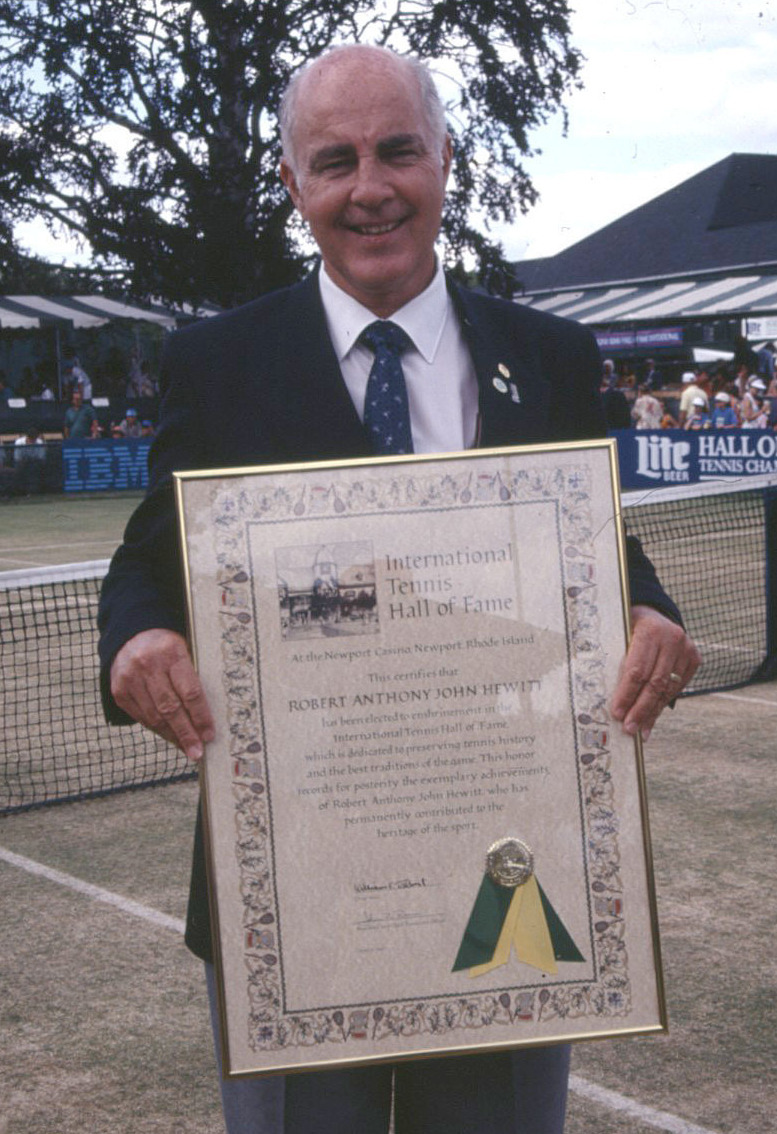 Bob Hewitt held a plaque from his induction into the International Tennis Hall of Fame in Newport, R.I. in 1992.