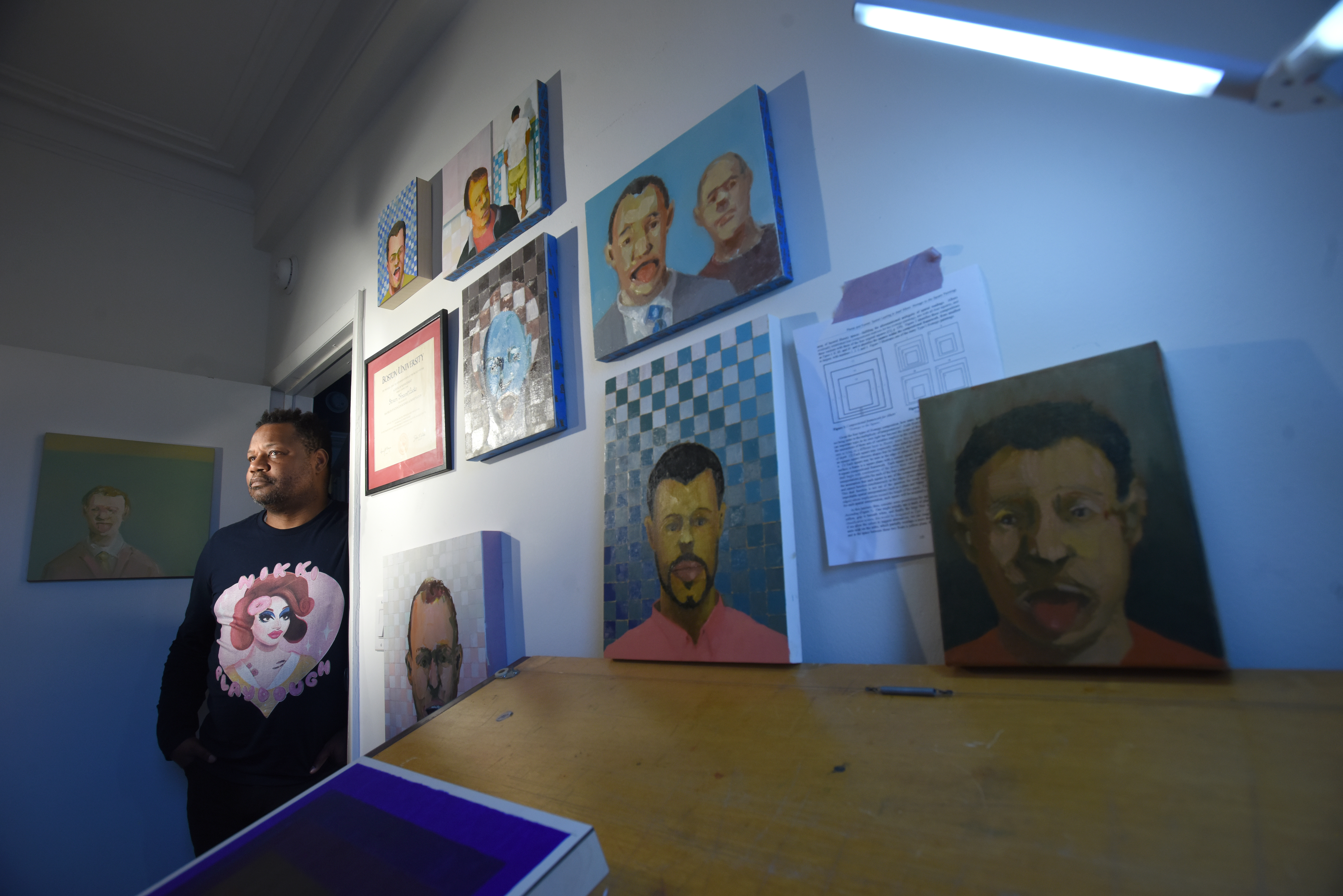 Steve Locke at his Brooklyn home and studio, where he displays works from his "there is no one left to blame" series.