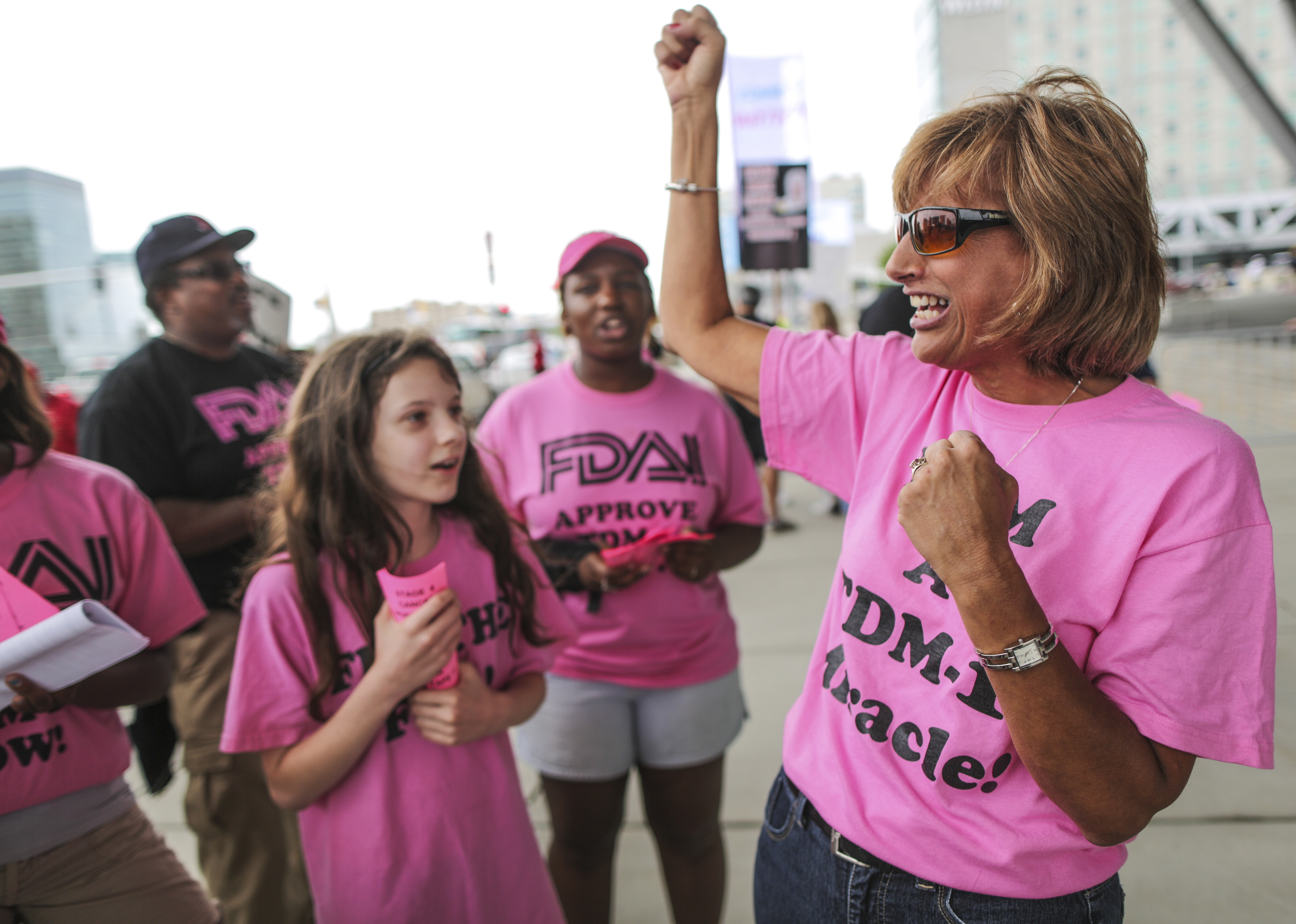 Lorraine Heidke-McCartin of Hanson led a protest of FDA policies outside the Biotechnology Industry Organization’s conference in Boston Tuesday.