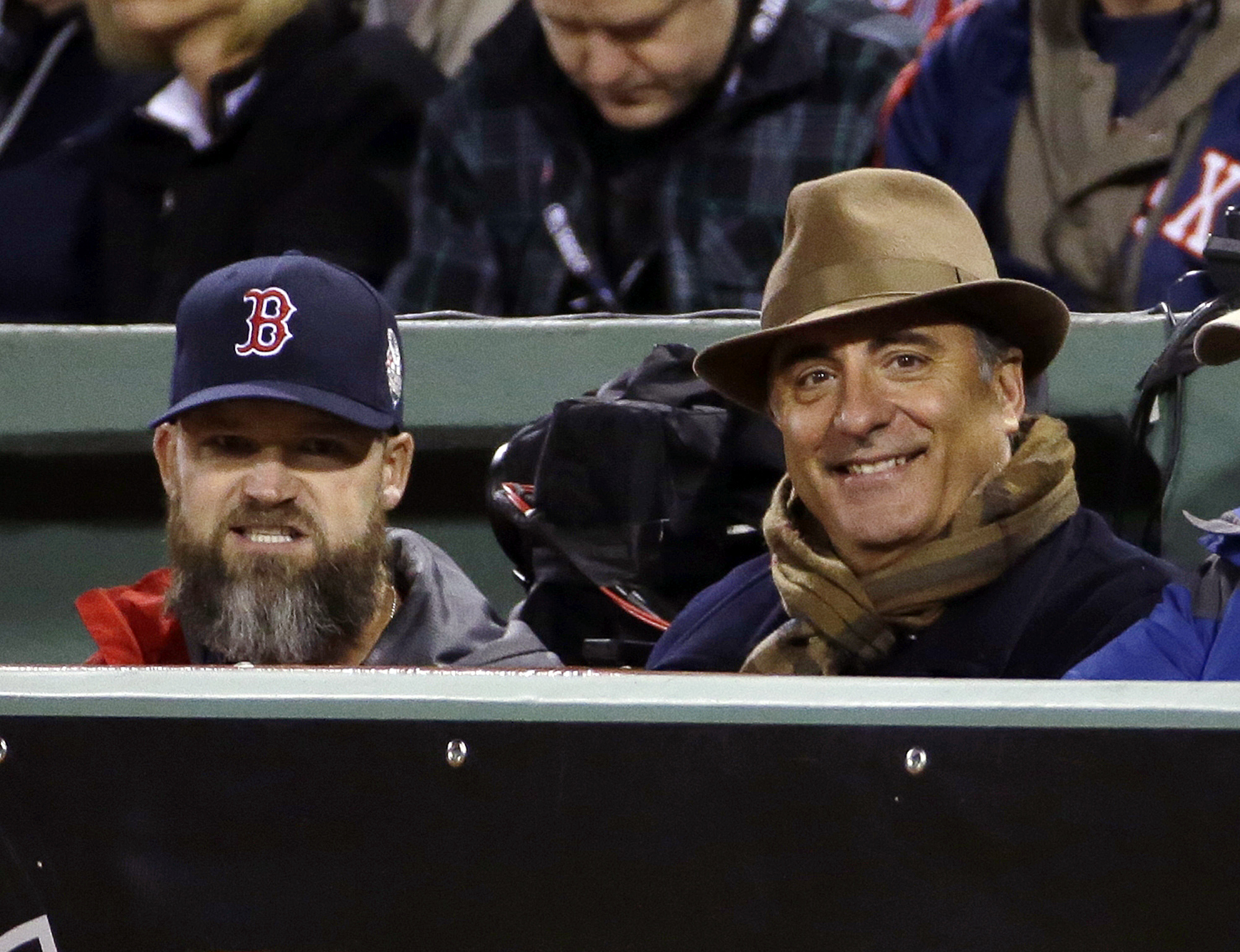 Andy Garcia had great seats, next to the Red Sox dugout and catcher David Ross.