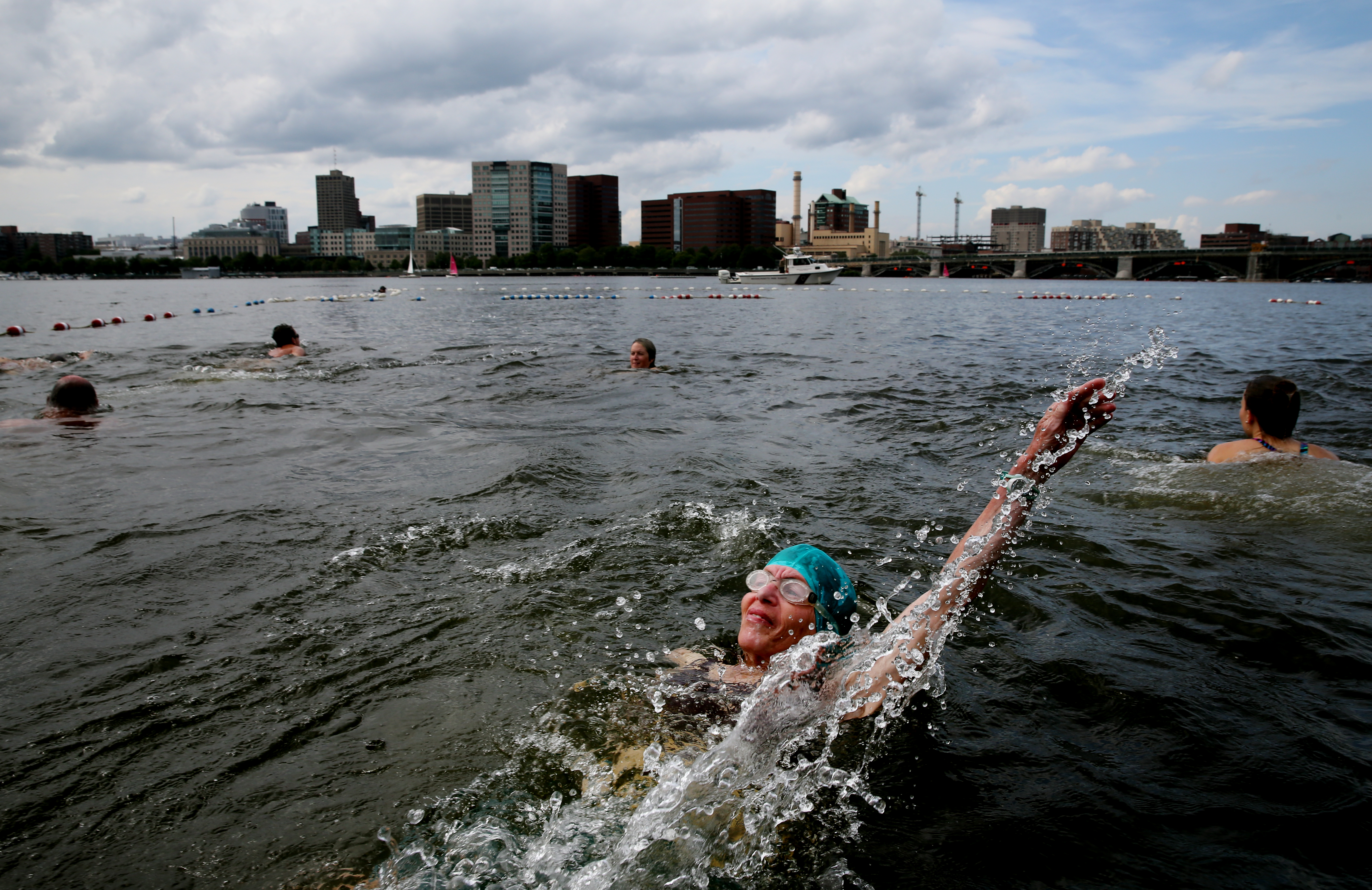 Barbara Grandbreg did the backstroke in the Charles River during CitySplash at the Esplanade.