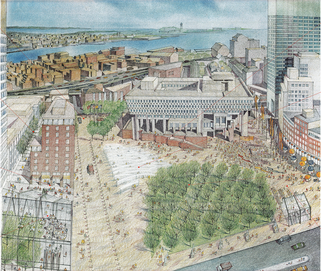 City Hall Plaza has never lived up to its artists’ renderings. This 1998 plan would have restored historic Hanover Street, created an urban green and interactive fountain, and put a hotel next to the plaza.