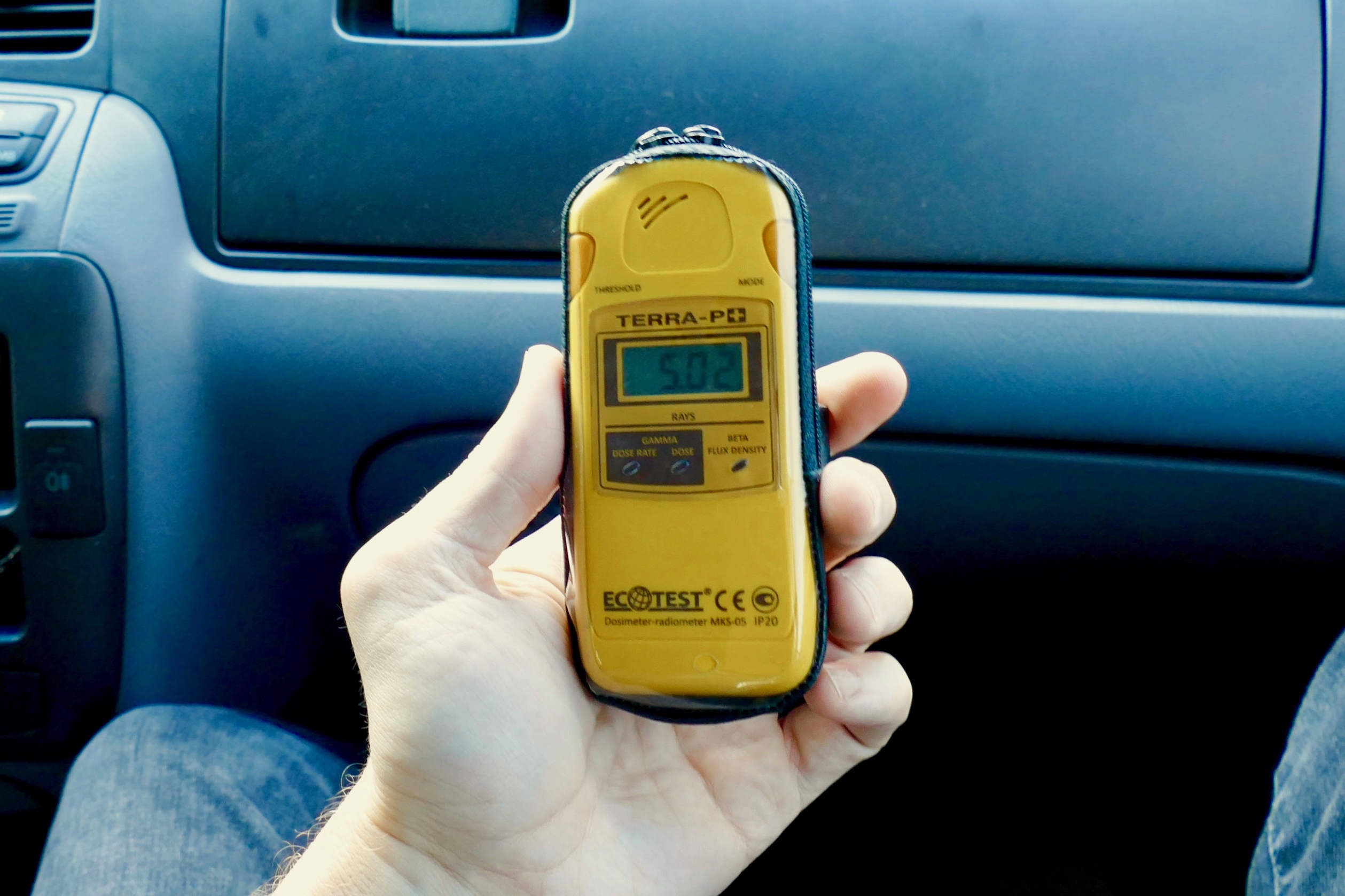 Near the reactor site itself, the highest observed radiation level we saw: 5.02 uSv/hour, more than 10 times the background level elsewhere in the Exclusion Zone.