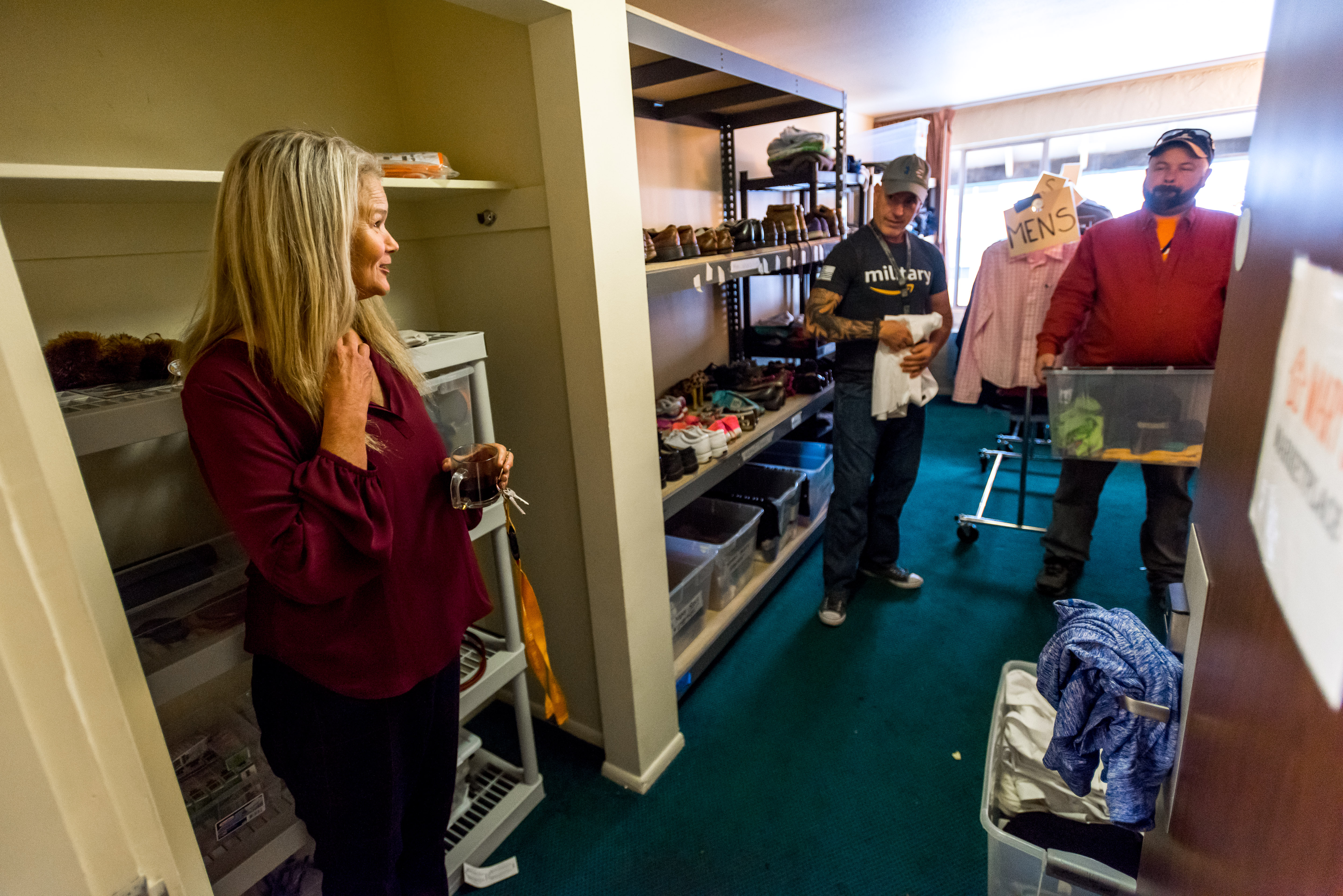 In Seattle, Marty Hartman, executive director at Mary’s Place, spoke with Amazon employees Bruce Gordan and Toby Zachman, who have volunteered at the shelter.