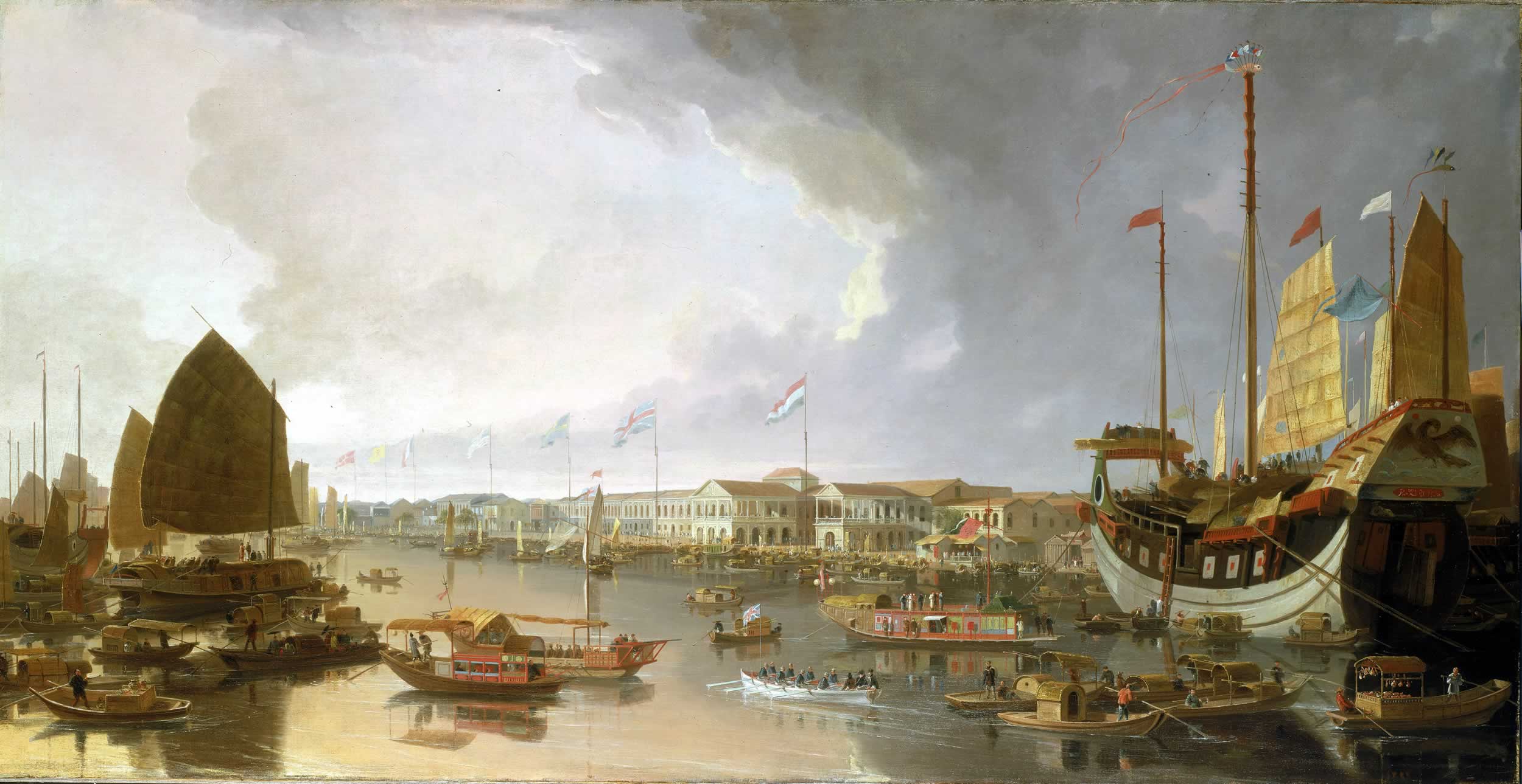 Guangzhou (painted 1805-1810), with the Pearl River and several European factories.