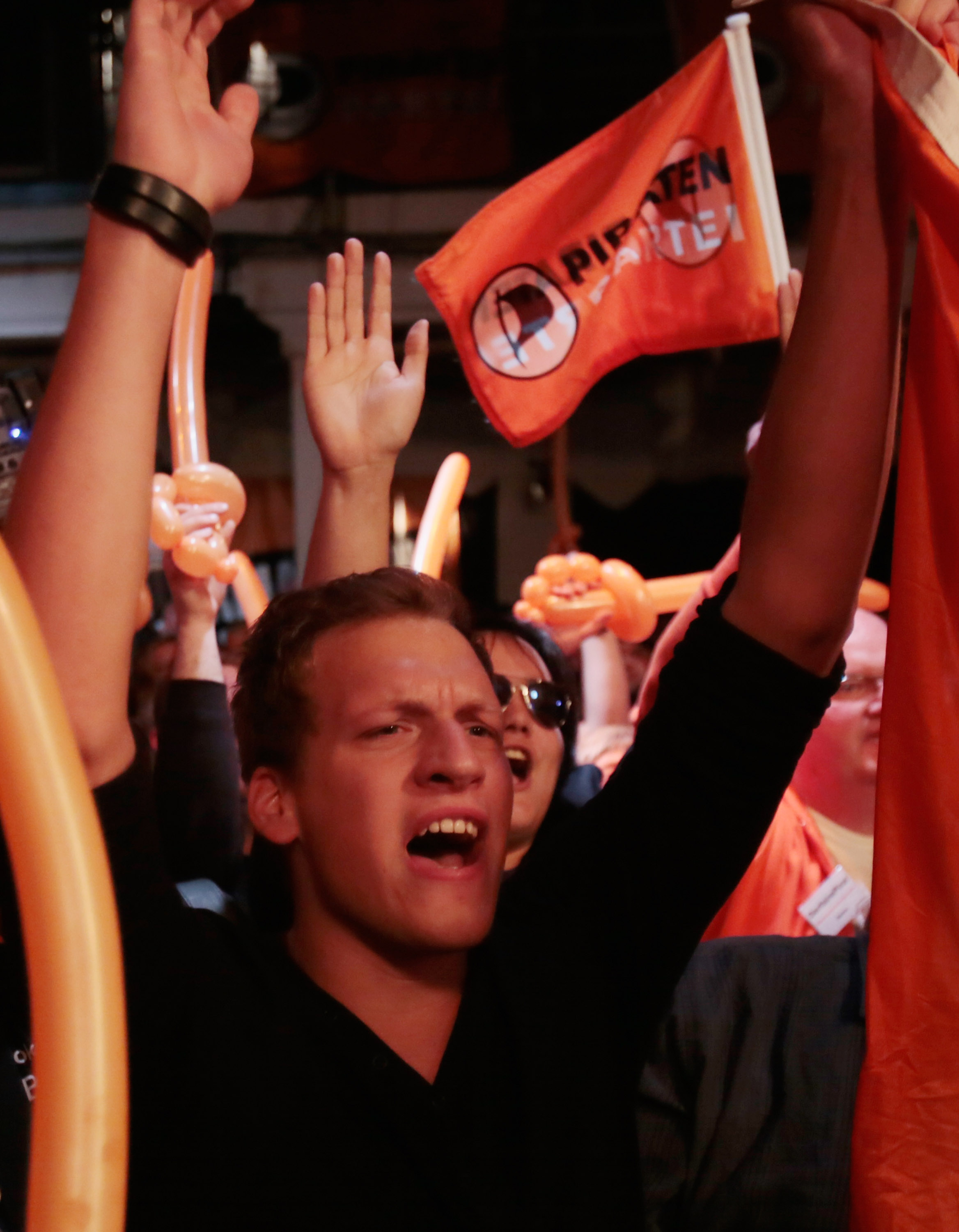 Members and supporters of Germany’s Pirate Party reacted to poll results in 2012.