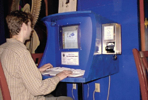 Andrew Sudbury used one of the computer terminals at Cafe Liberty in Central Square, one of the first cybercafes in the US. According to Sudbury, using the computers cost about $4 an hour.