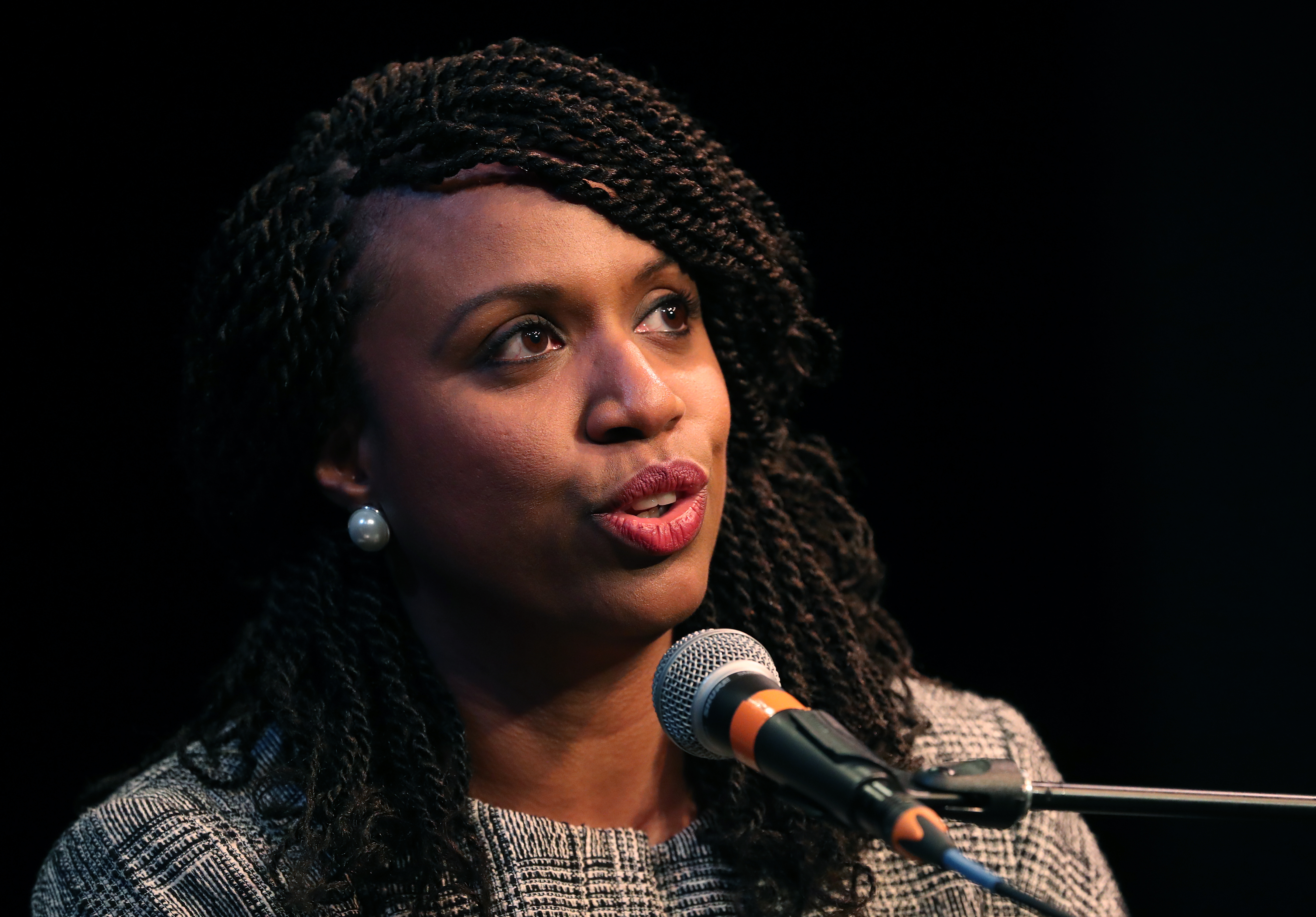 Ayanna Pressley speaking at an Emerson College forum on April 3, 2018.