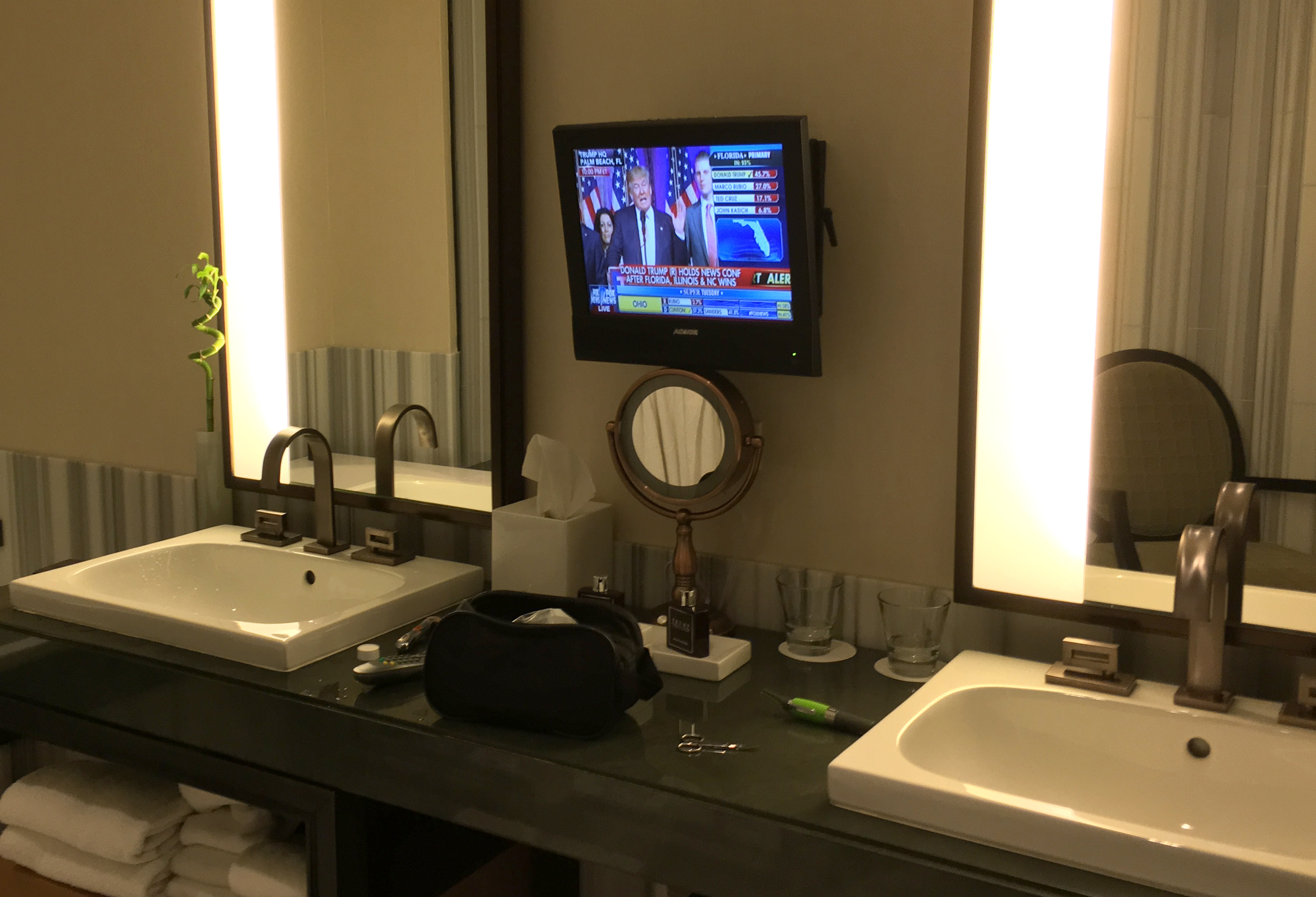 Donald Trump gave a victory speech on Tuesday night, viewable on the flat-screen TV in the bathroom of one of the 391 rooms in the Trump SoHo New York.