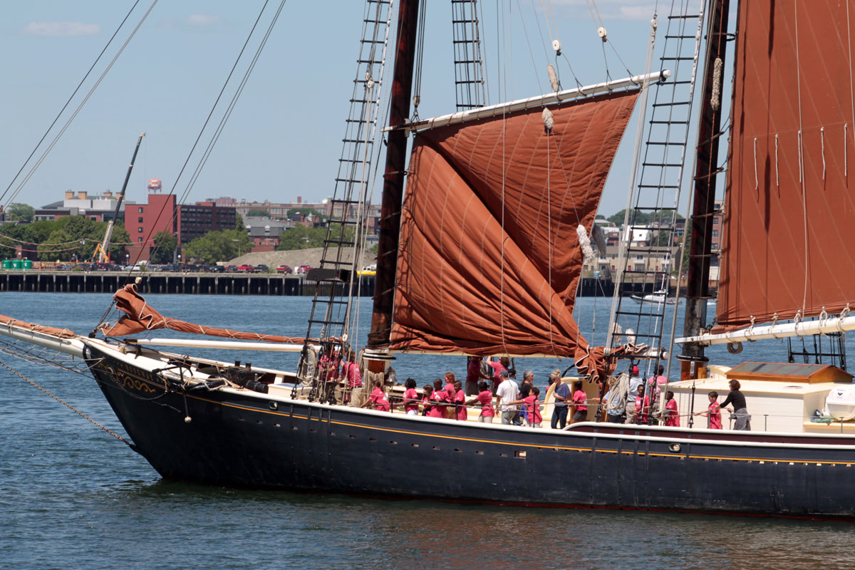 Students raised the sails of the Roseway, an 88- year-old schooner. This summer, the crew will teach high-risk middle school students from Revere, and disabled students from Boston.