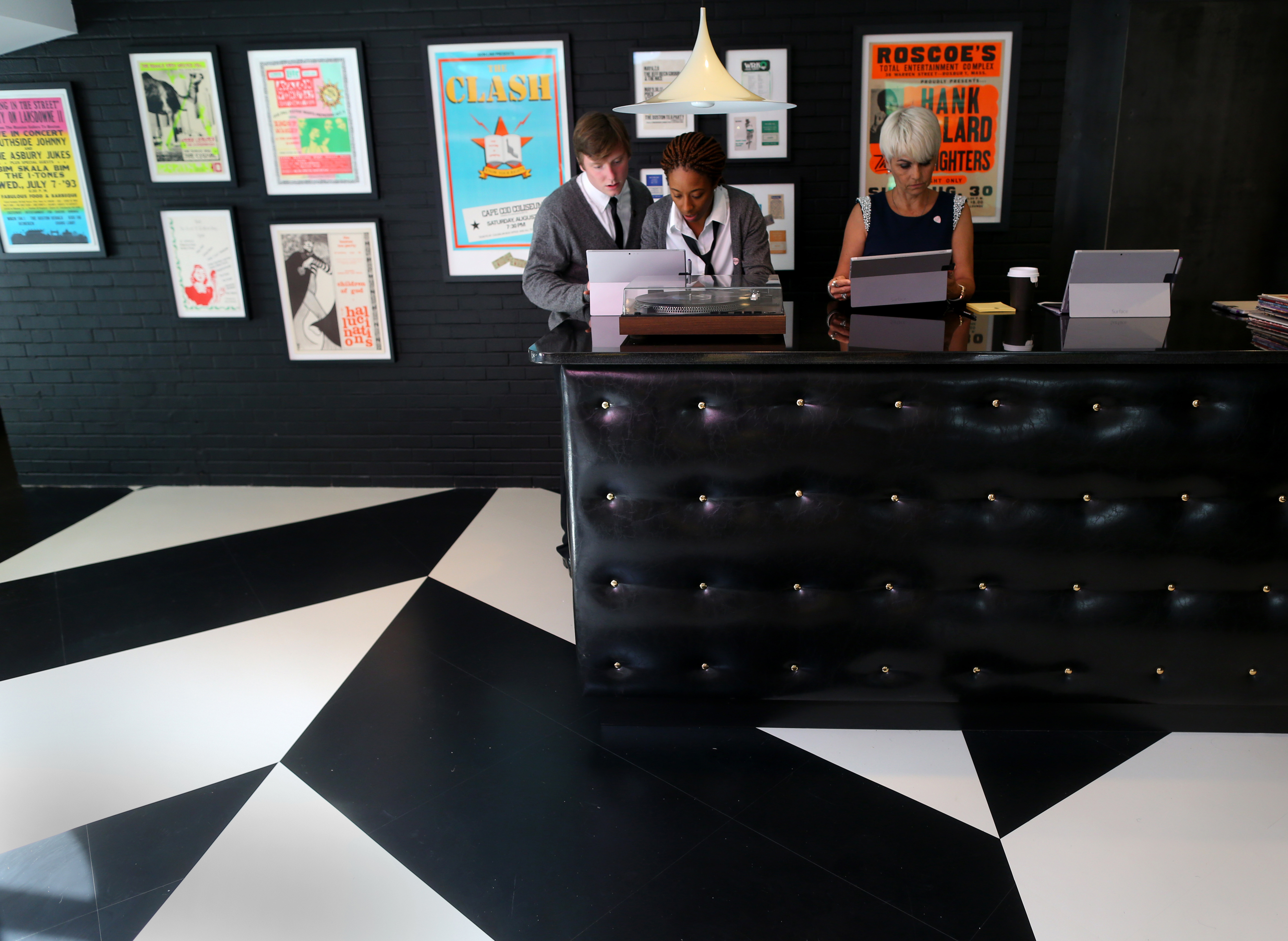 The front desk, which features a turntable for spinning vinyl albums.