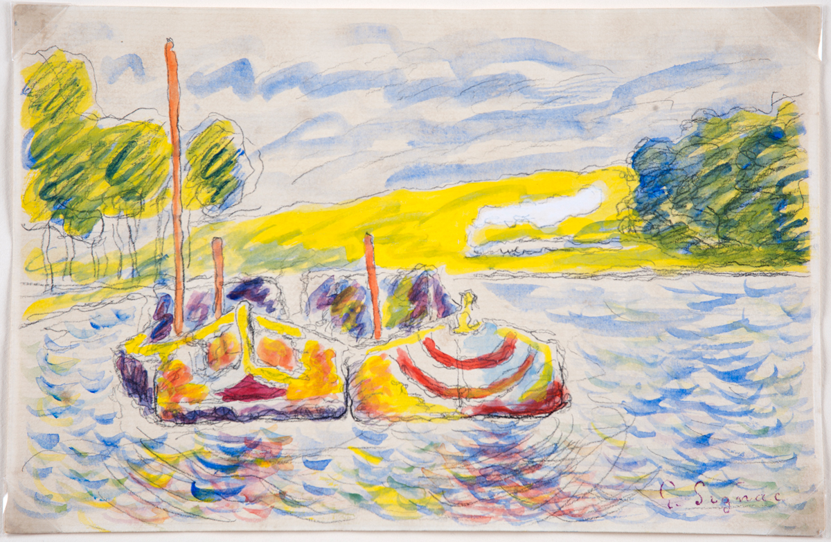 Another piece in the exhibit, a watercolor by Mark Landis, was done in the style of Paul Signac and is owned by the Oklahoma City Museum of Art.