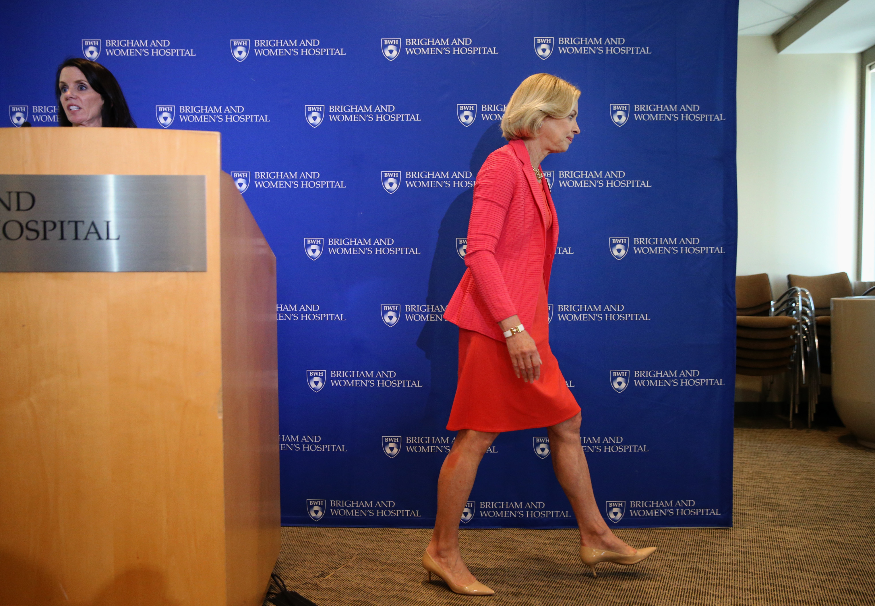Brigham and Women’s Healthcare President Elizabeth Nabel left a news conference on Friday.