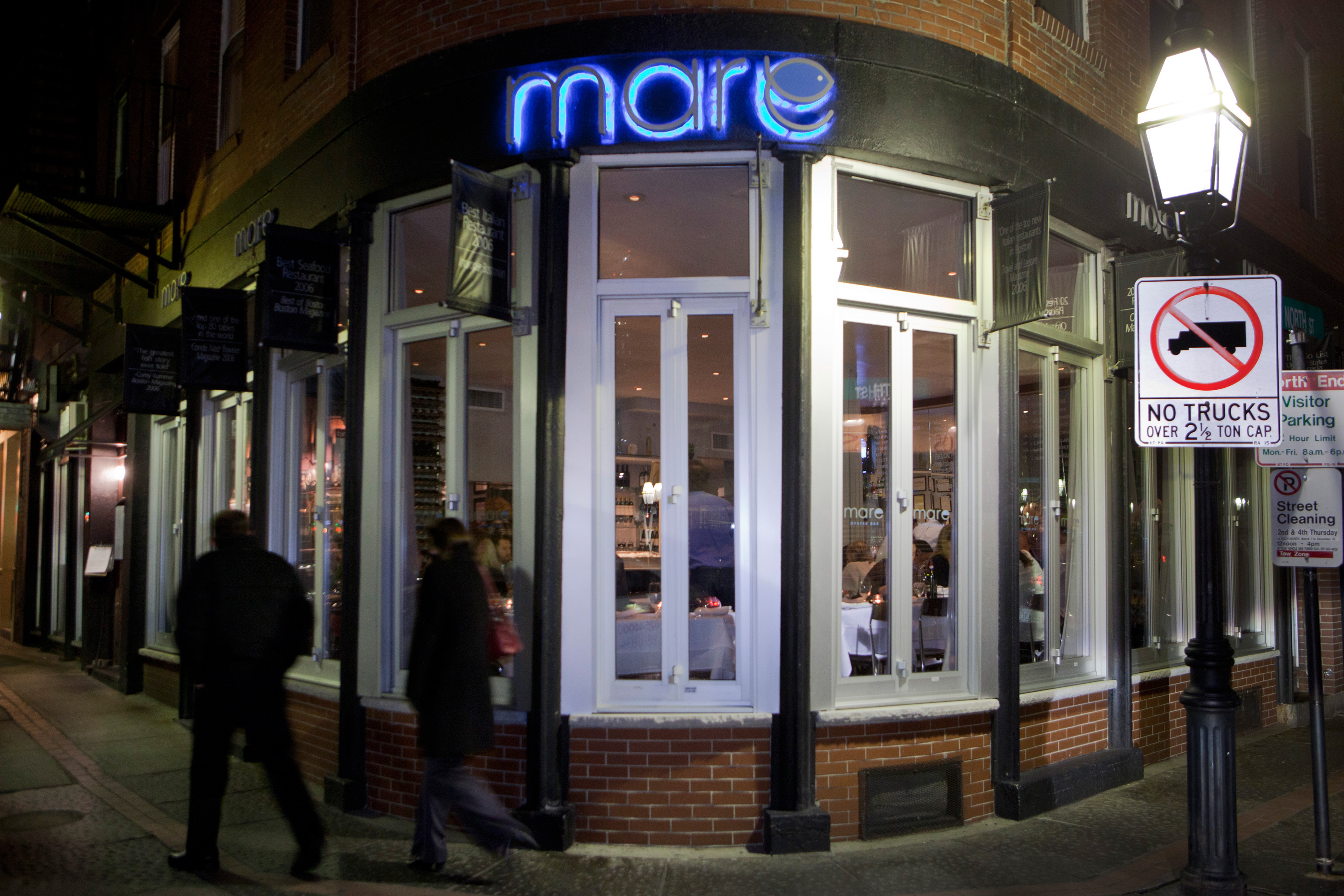 An exterior view of Mare Oyster Bar in Boston's North End neighborhood.
