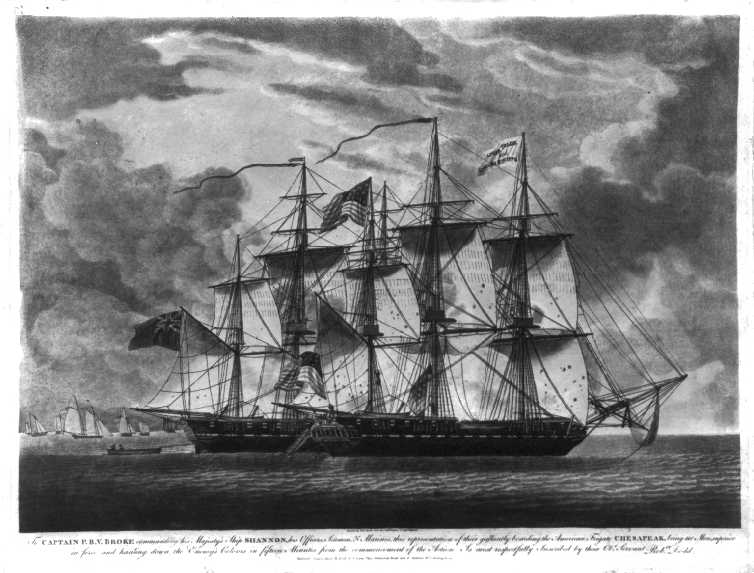 The USS Chesapeake being captured by the HMS Shannon, with British sailors taking down the American flag.