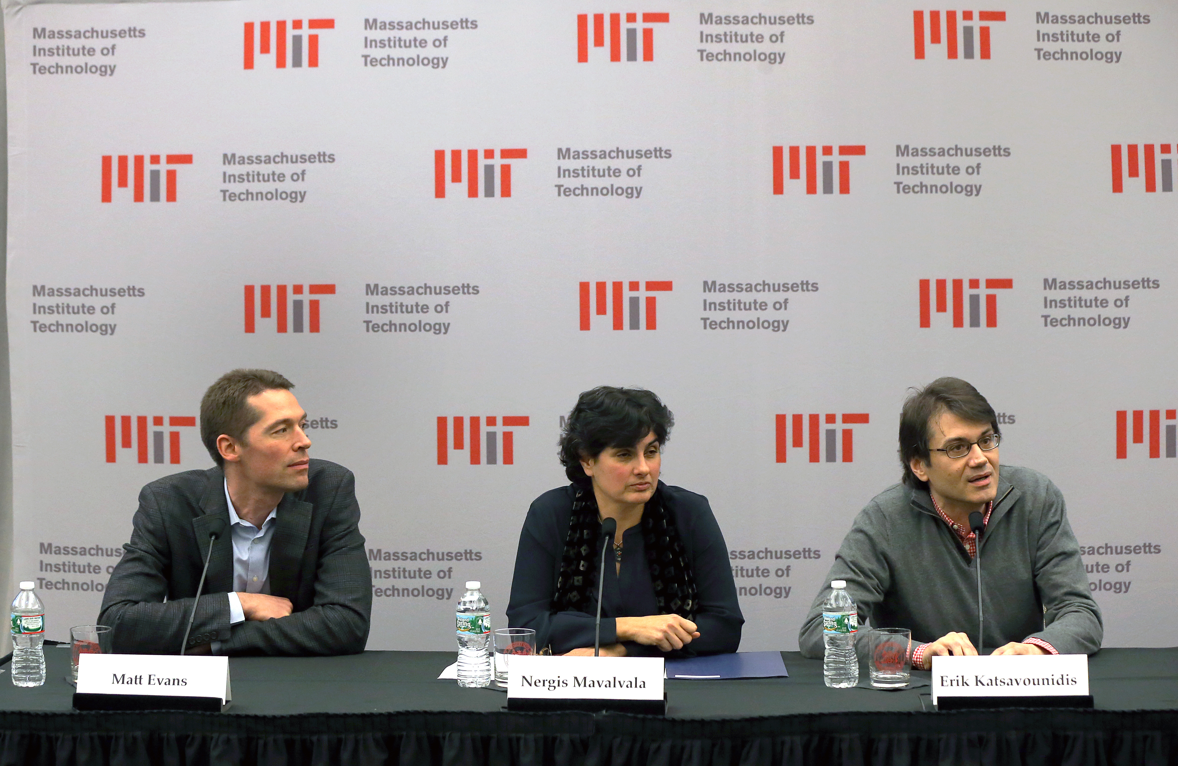 MIT scientists, from left, Matthew Evans, Nergis Mavalvala, and Erik Katsavounidis provide an update on the search for gravitational waves.