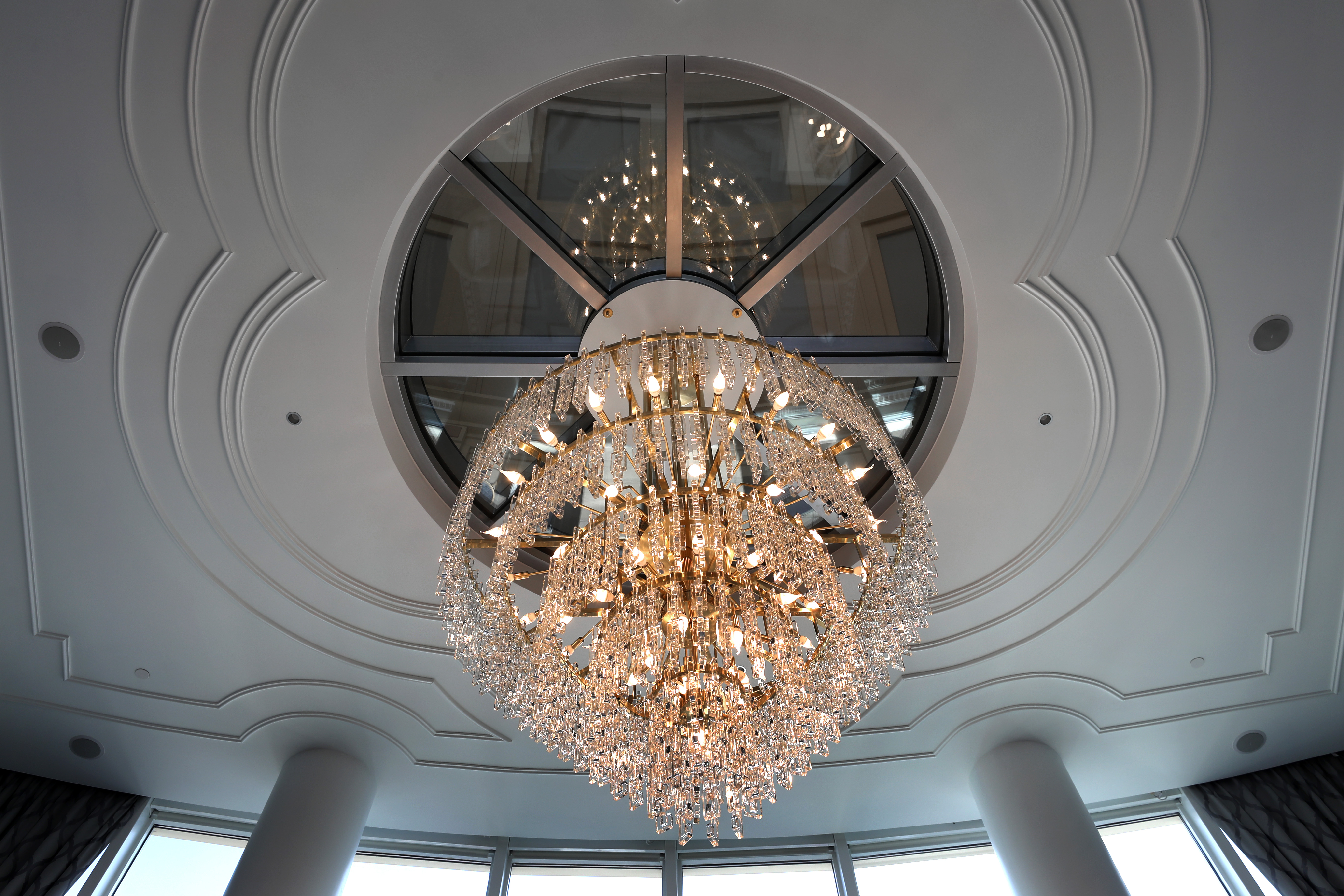 The crystal chandelier in the main living room.