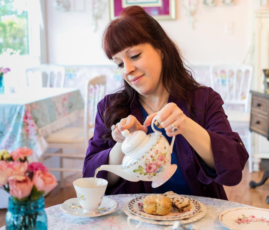 Sarah Erlandson pours a cup of tea at Fancy That in Walpole.