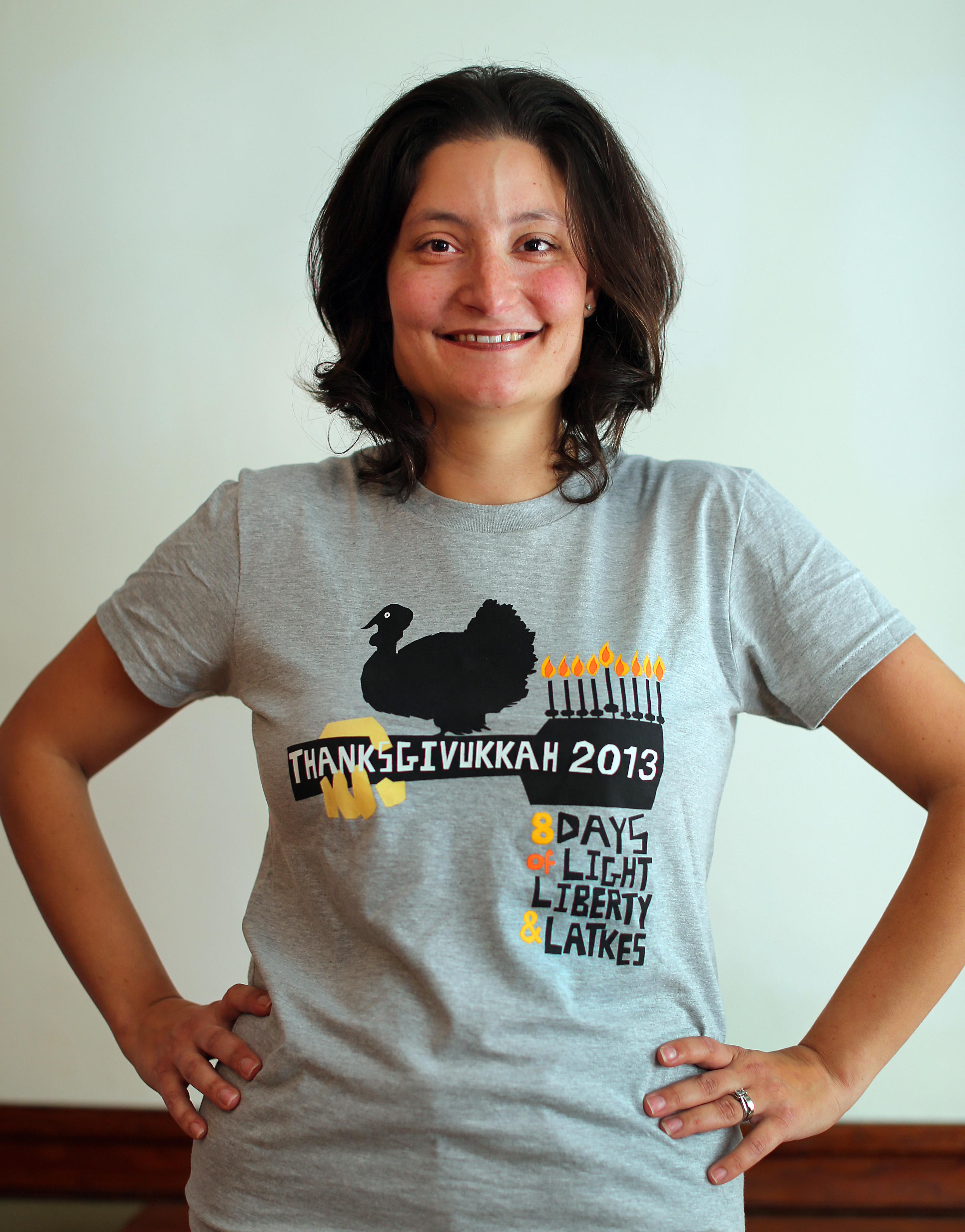 Norwood-10/18/13-- Dana Gitell came up with the term, thansgivvukah and has designed t-shirts and cards with the name. Boston Globe staff Photo by John Tlumackii(lifestyle)