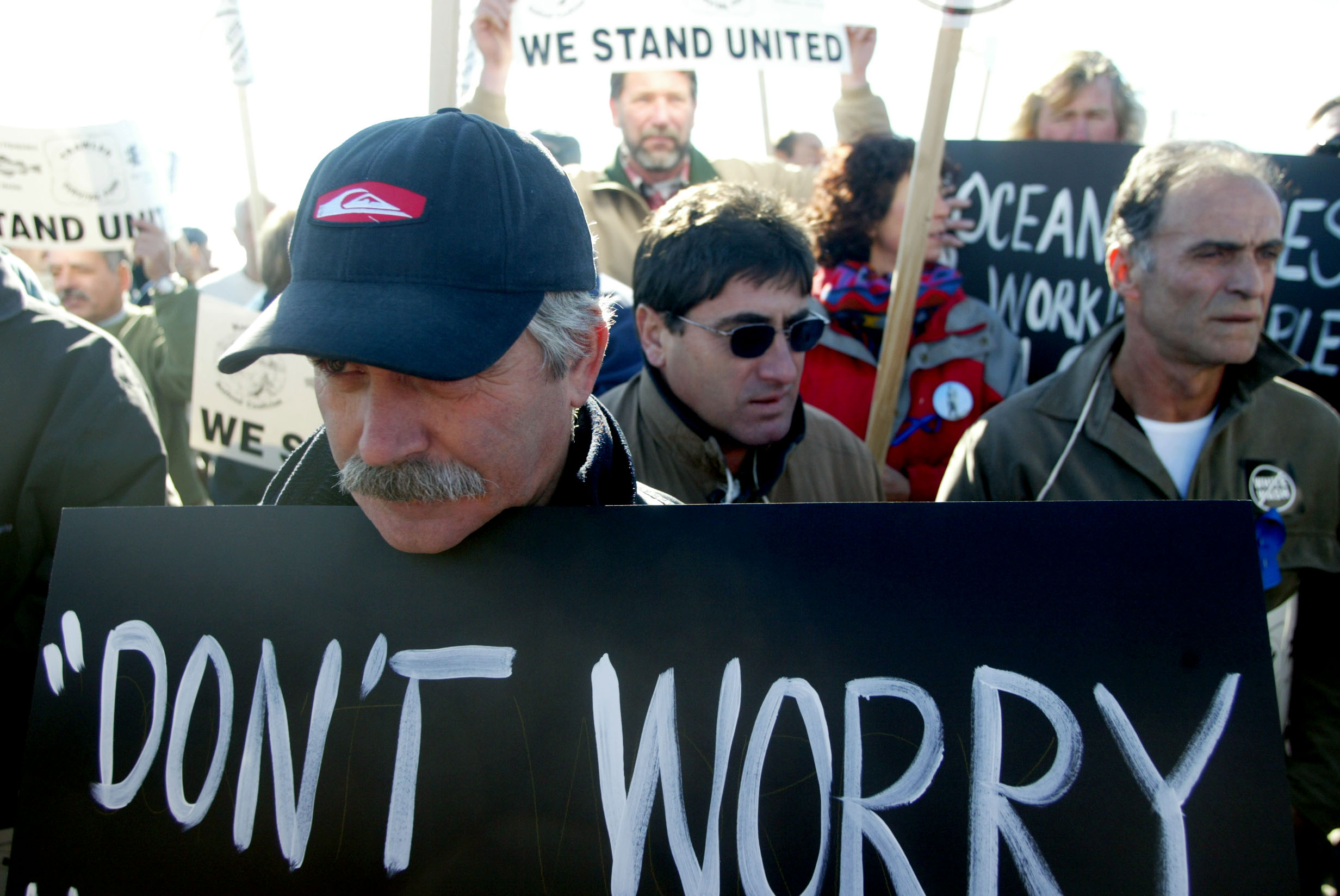 Commercial fisherman Carlos Patrao of New Bedford and hundreds of other fishermen rallied at the Gloucester Fisherman's Monument in protest of new fishing rules ordered by a judge who agreed with environmentalists that fish stocks were being overfished.
