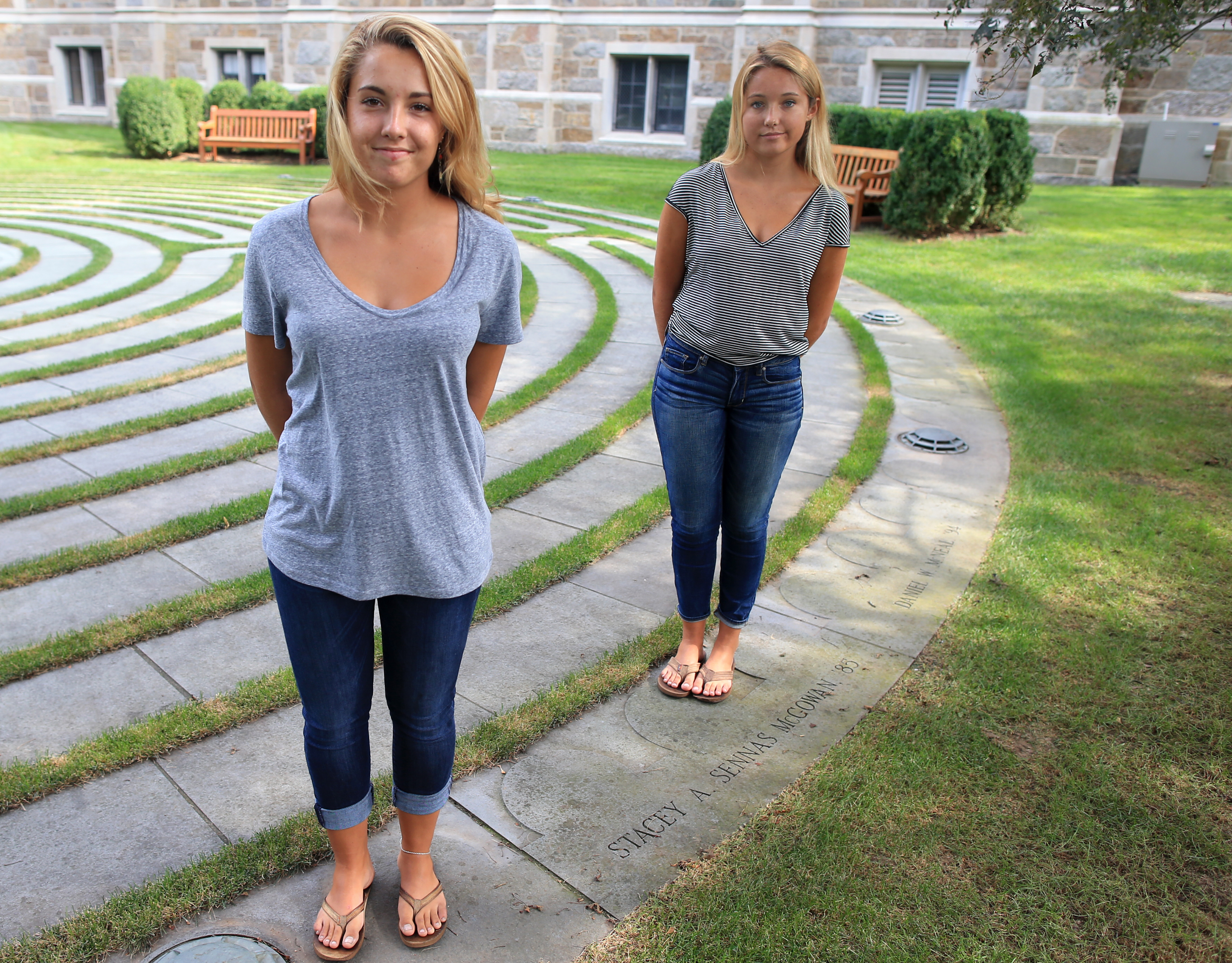 The girls’ favorite place is a 9/11 memorial labyrinth tucked away near the entrance of Boston College, where their mother’s name is engraved.