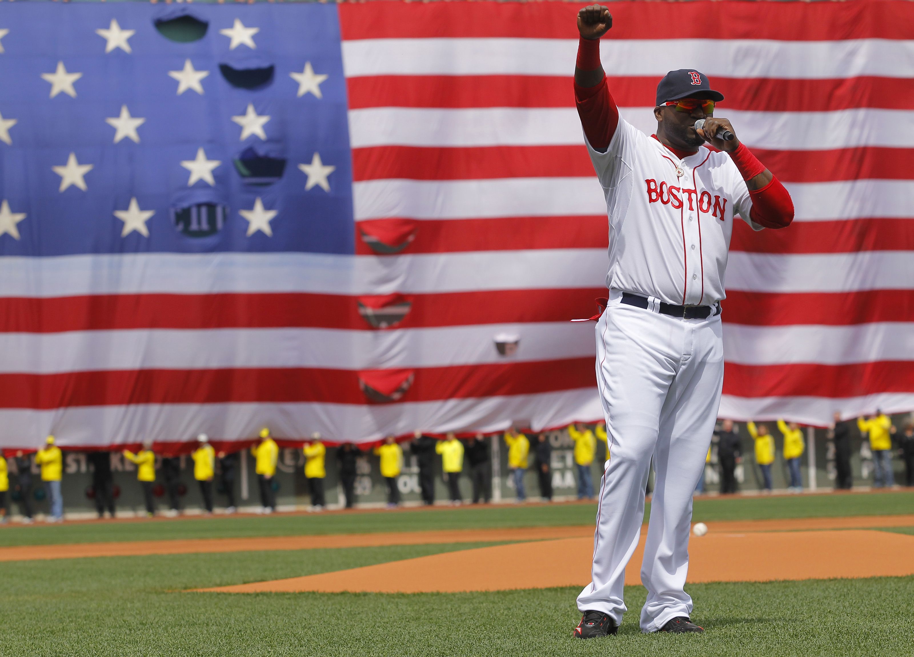 David Ortiz addressed the Fenway Park crowd in April 2013 in the team’s first home game after the Boston Marathon bombings.