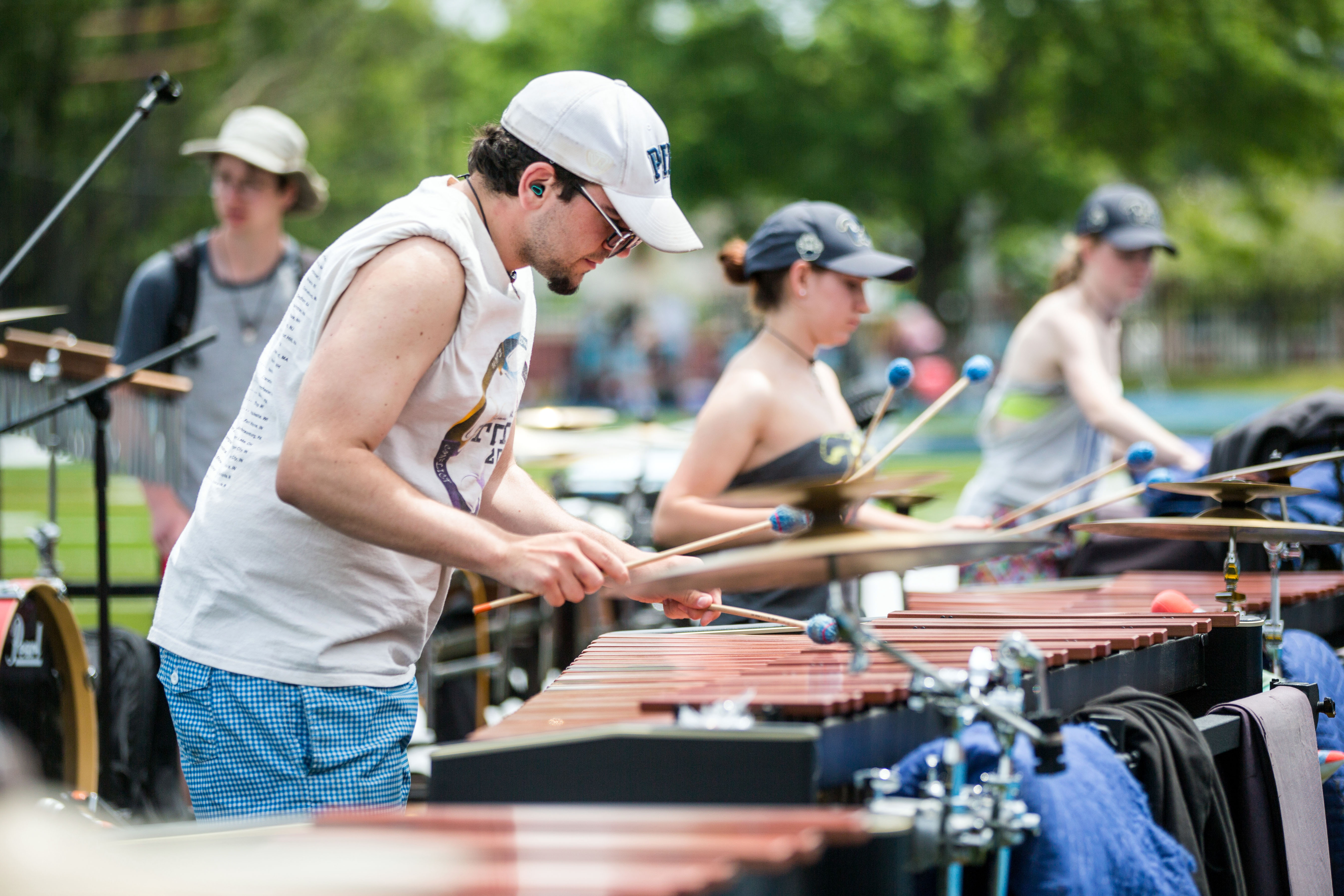 Jared Logan played the marimba at Veterans Memorial Stadium.