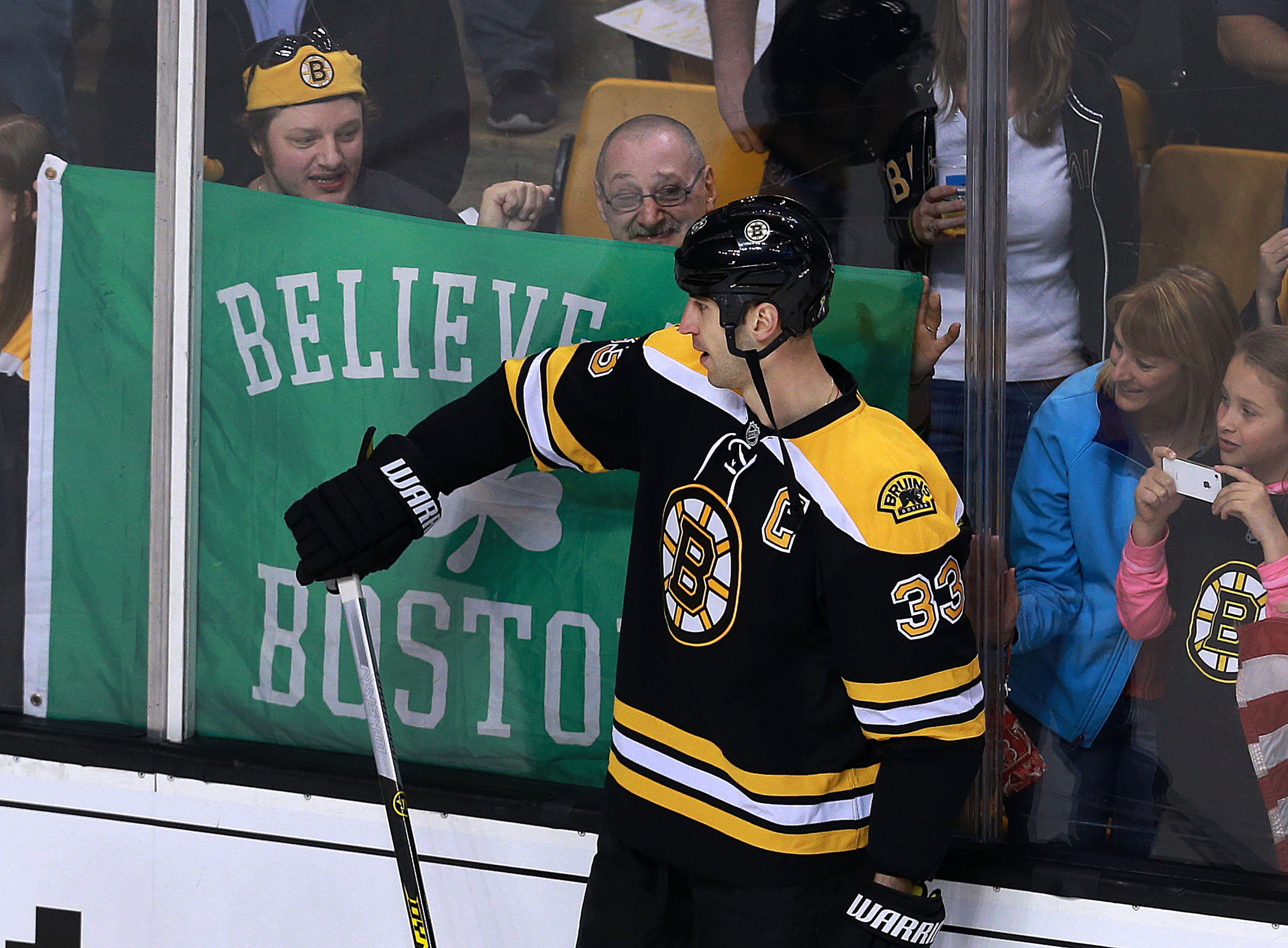 A “Believe in Boston” sign greeted Zdeno Chara and the Bruins during warm-ups.