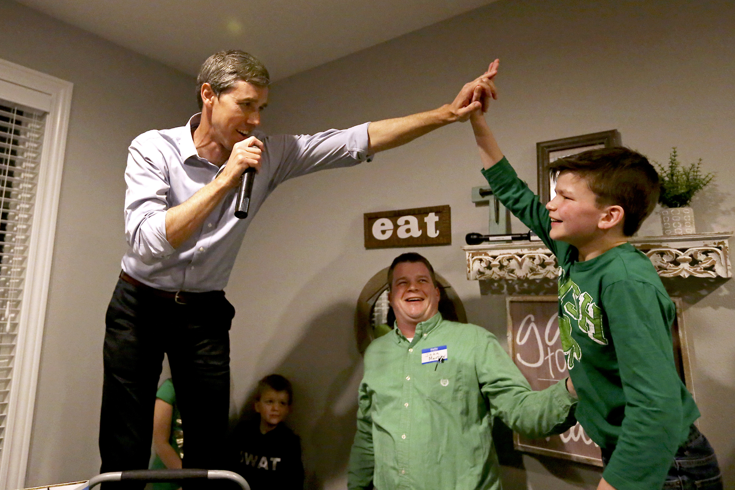 O'Rourke high-fived Mitchell Murphy, 12, while he spoke at an event in Dubuque, Iowa, on Saturday.