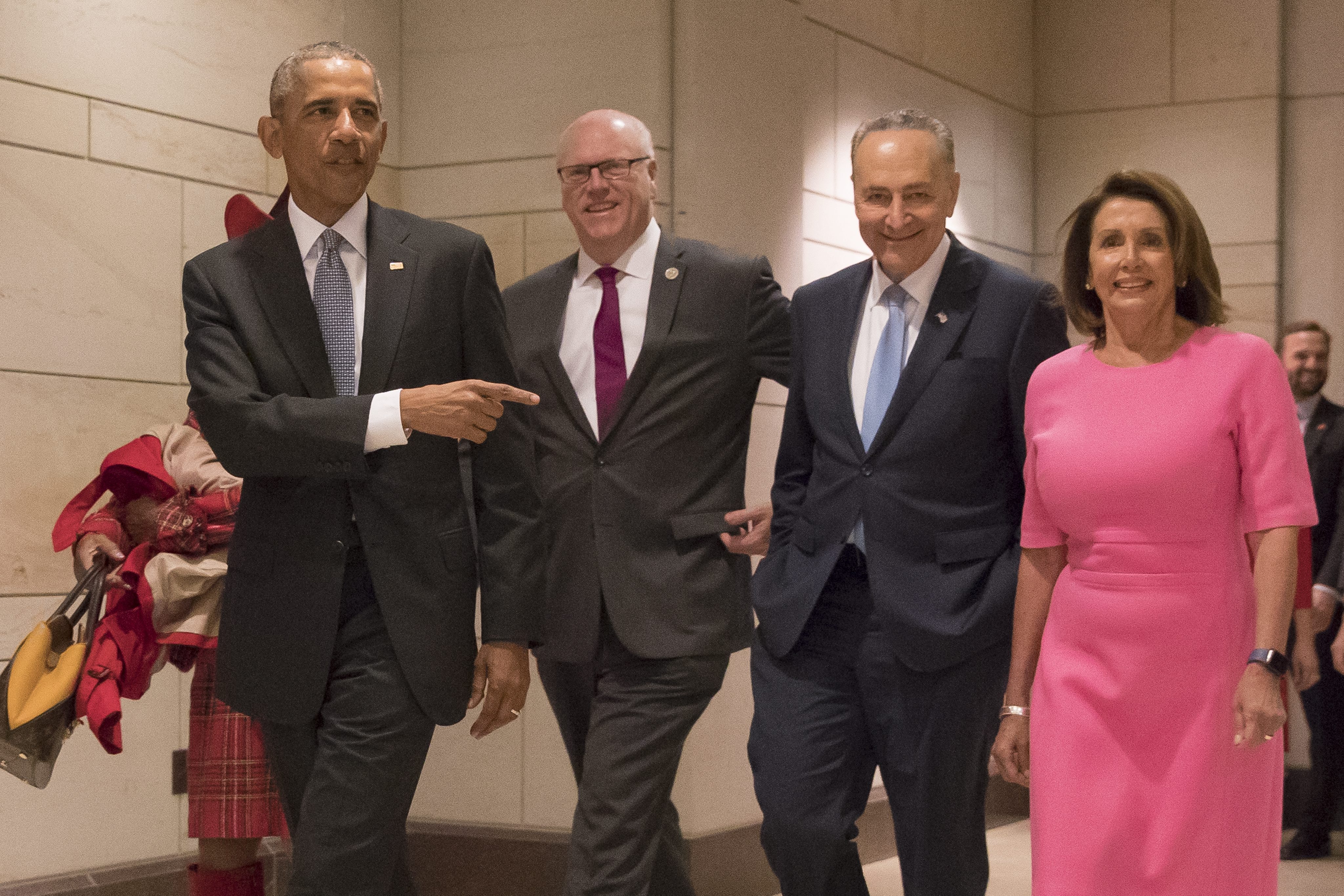 President Barack Obama with House Minority Democrat Nancy Pelosi (right), Senate Minority Leader Chuck Schumer (second from right) and Rep. Joseph Crowley.