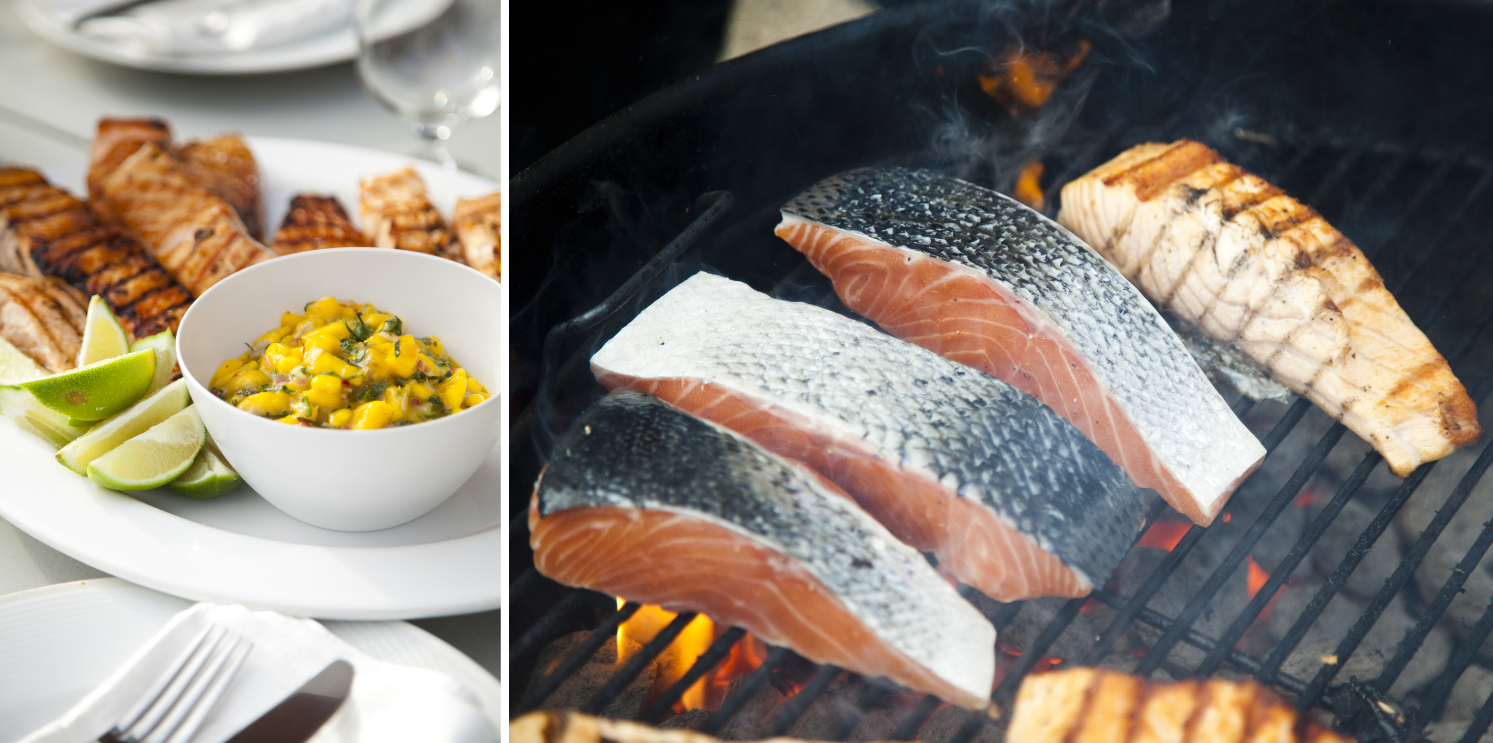 The grilled salmon is served with mango, chili, and lime salsa.